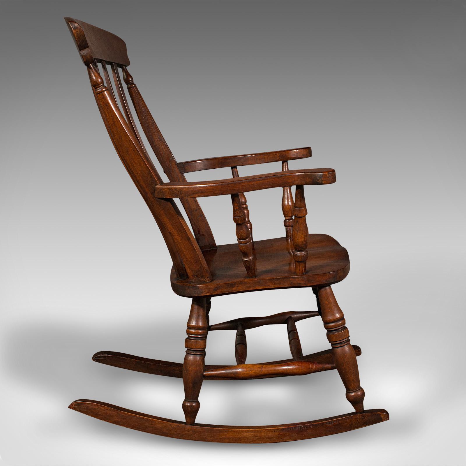 British Antique Lath Back Rocking Chair, English Oak, Beech, Elbow Seat, Victorian, 1900