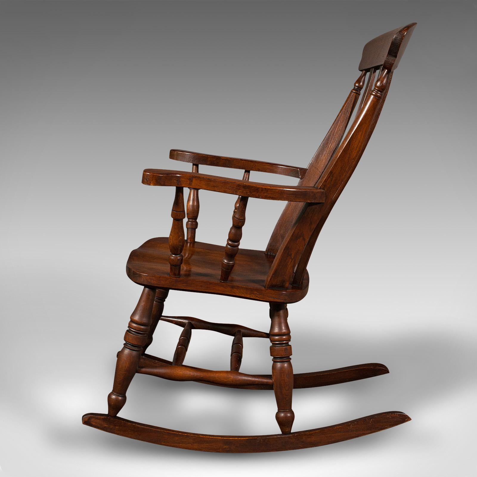 Antique Lath Back Rocking Chair, English Oak, Beech, Elbow Seat, Victorian, 1900 In Good Condition In Hele, Devon, GB
