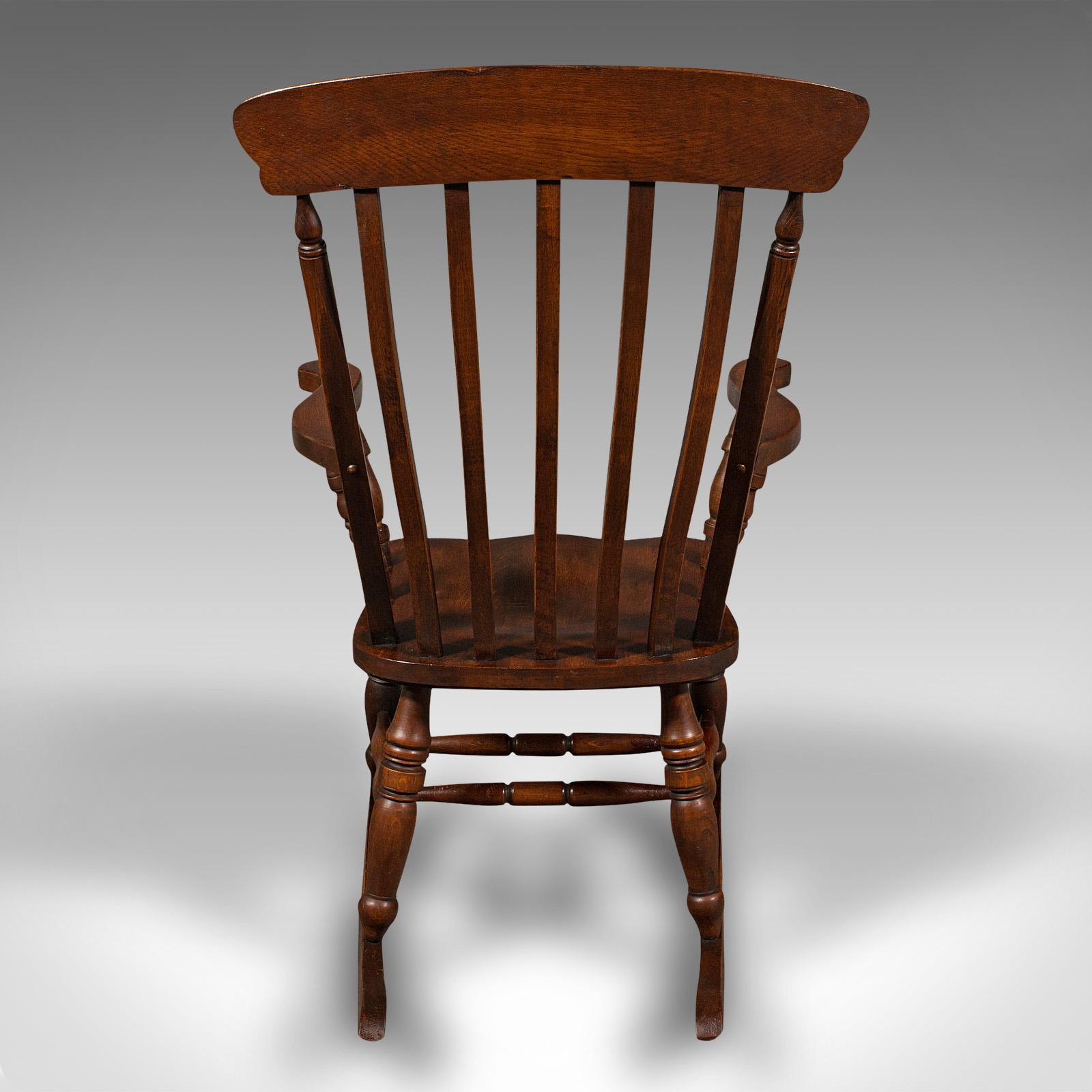 19th Century Antique Lath Back Rocking Chair, English Oak, Beech, Elbow Seat, Victorian, 1900