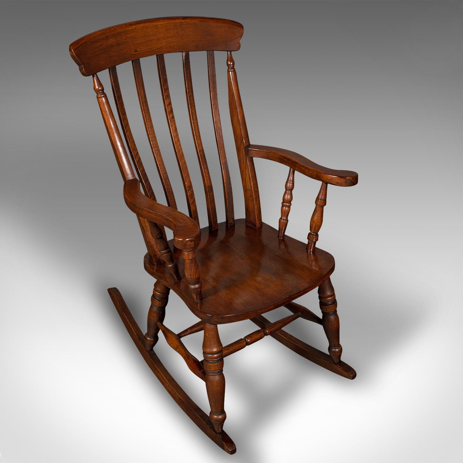 Antique Lath Back Rocking Chair, English Oak, Beech, Elbow Seat, Victorian, 1900 1