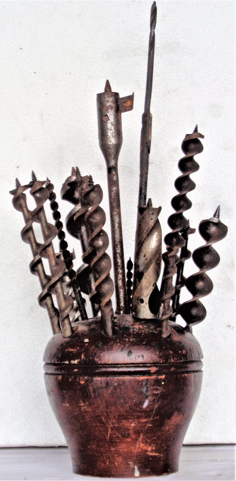Antique Lathed Turned Wood Drill Bit Holder and Bits, As Found Sculpture Object For Sale at