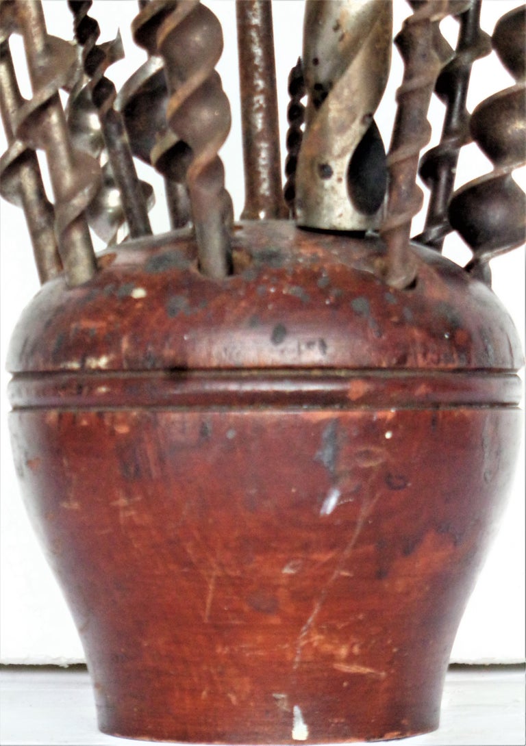 Antique Lathed Turned Wood Drill Bit Holder and Bits, As Found Sculpture Object For Sale at