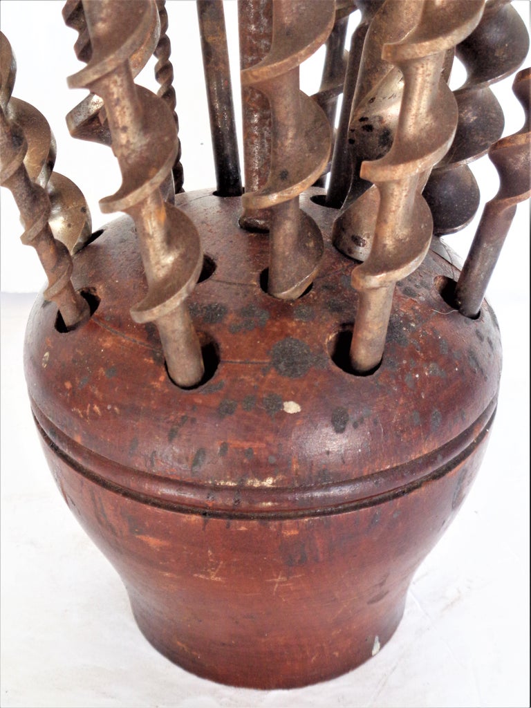 Antique Lathed Turned Wood Drill Bit Holder and Bits, As Found Sculpture Object For Sale at
