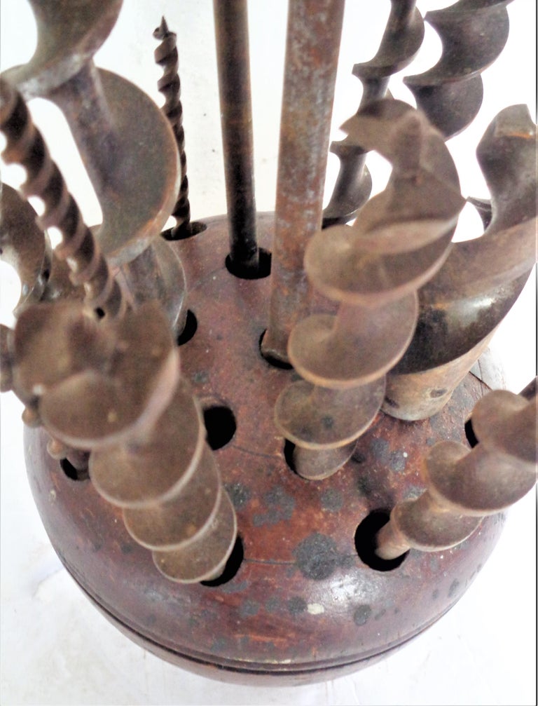Antique Lathed Turned Wood Drill Bit Holder and Bits, As Found Sculpture Object For Sale at