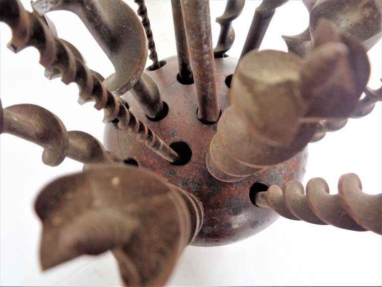 Antique Lathed Turned Wood Drill Bit Holder and Bits, As Found Sculpture Object For Sale at