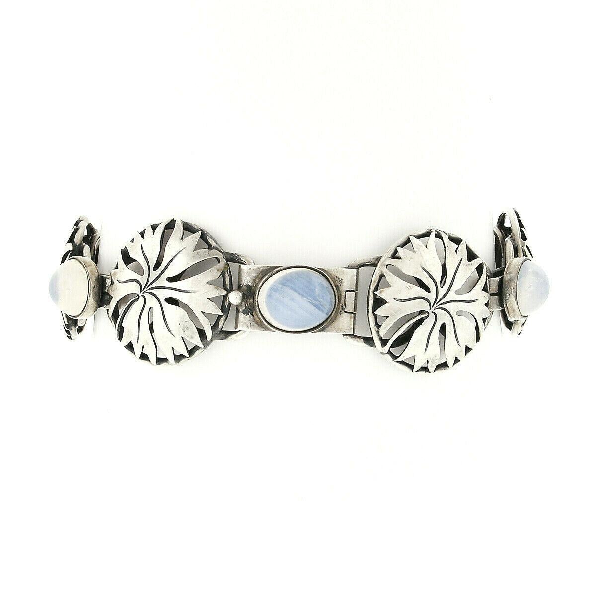 Antique Lauritz Jensen Pierced Silver Foliage L.J 830S 14 Moonstone Bracelet In Excellent Condition For Sale In Montclair, NJ