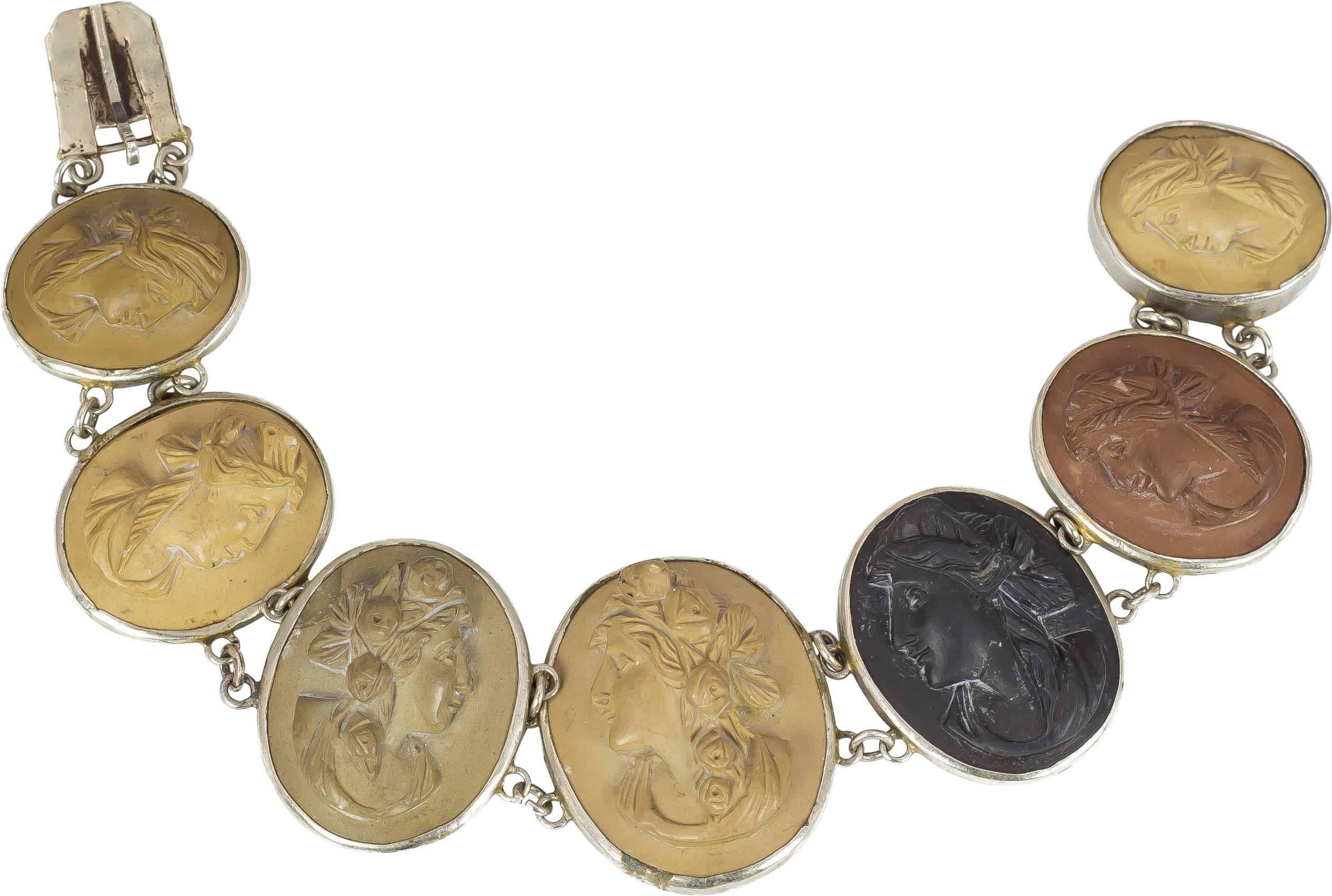Antique Lava Cameo and Silver Bracelet, Late 1800