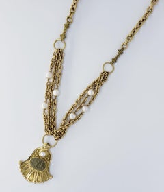 Antique Lava Cameo Angel Hamsa and Cultured Pearls Chain 18k Gold