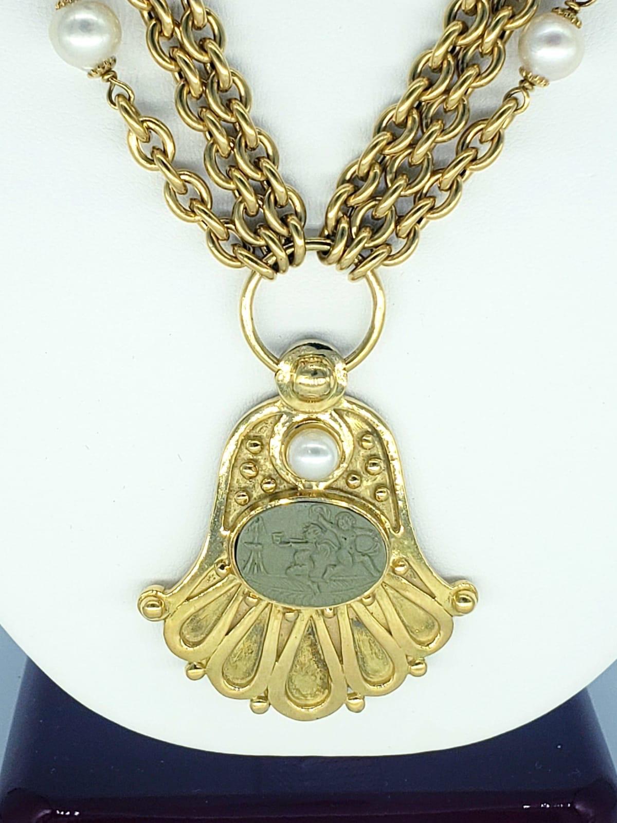 Round Cut Antique Lava Cameo Angel Hamsa and Cultured Pearls Chain 18k Gold For Sale