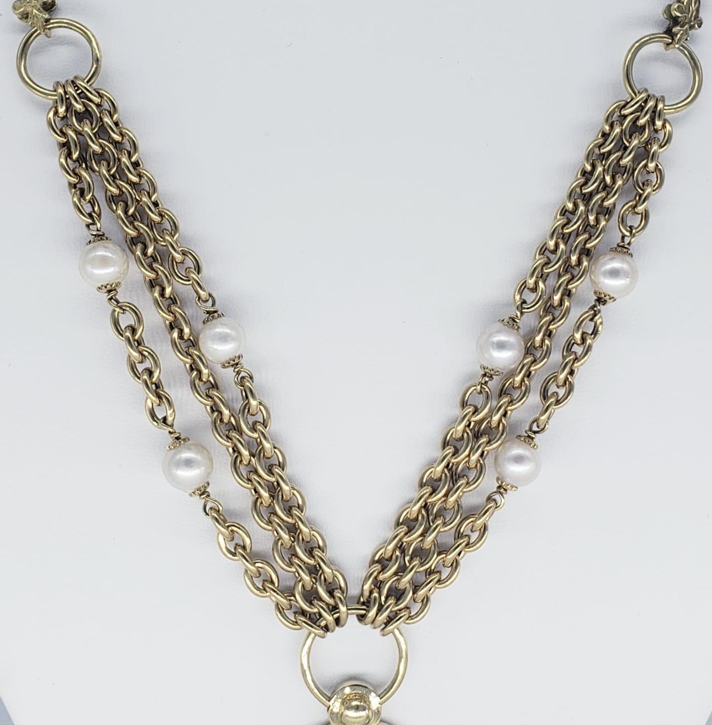 Antique Lava Cameo Angel Hamsa and Cultured Pearls Chain 18k Gold In Excellent Condition For Sale In Miami, FL