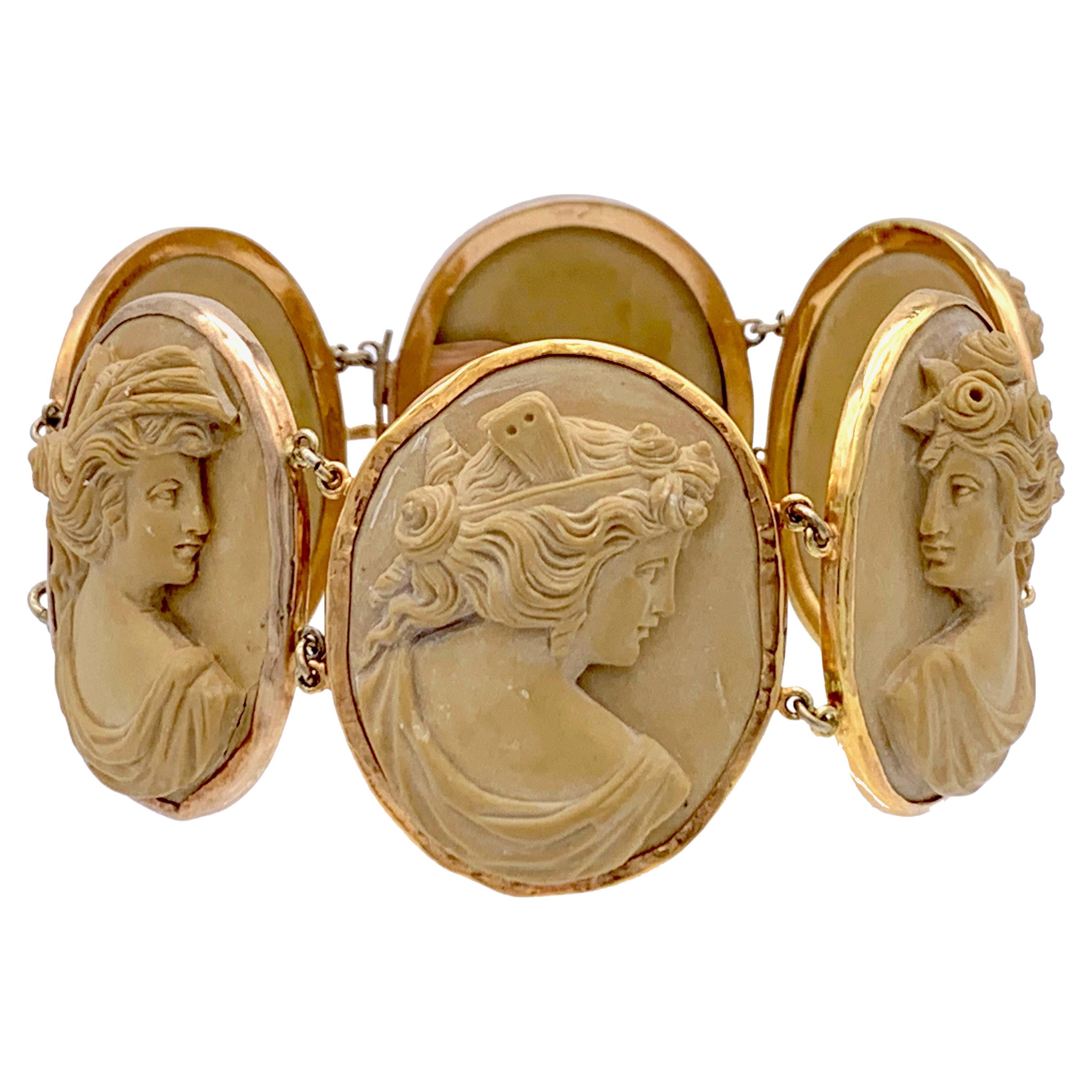 Antique Lava Cameo Bracelet 14 Karat Gold Mount Archaeological Style Beauties For Sale