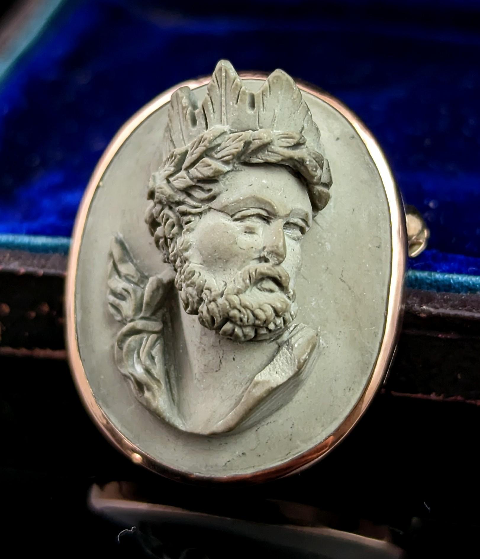 Antique Lava Cameo brooch, Helios, 9k Rose gold  5