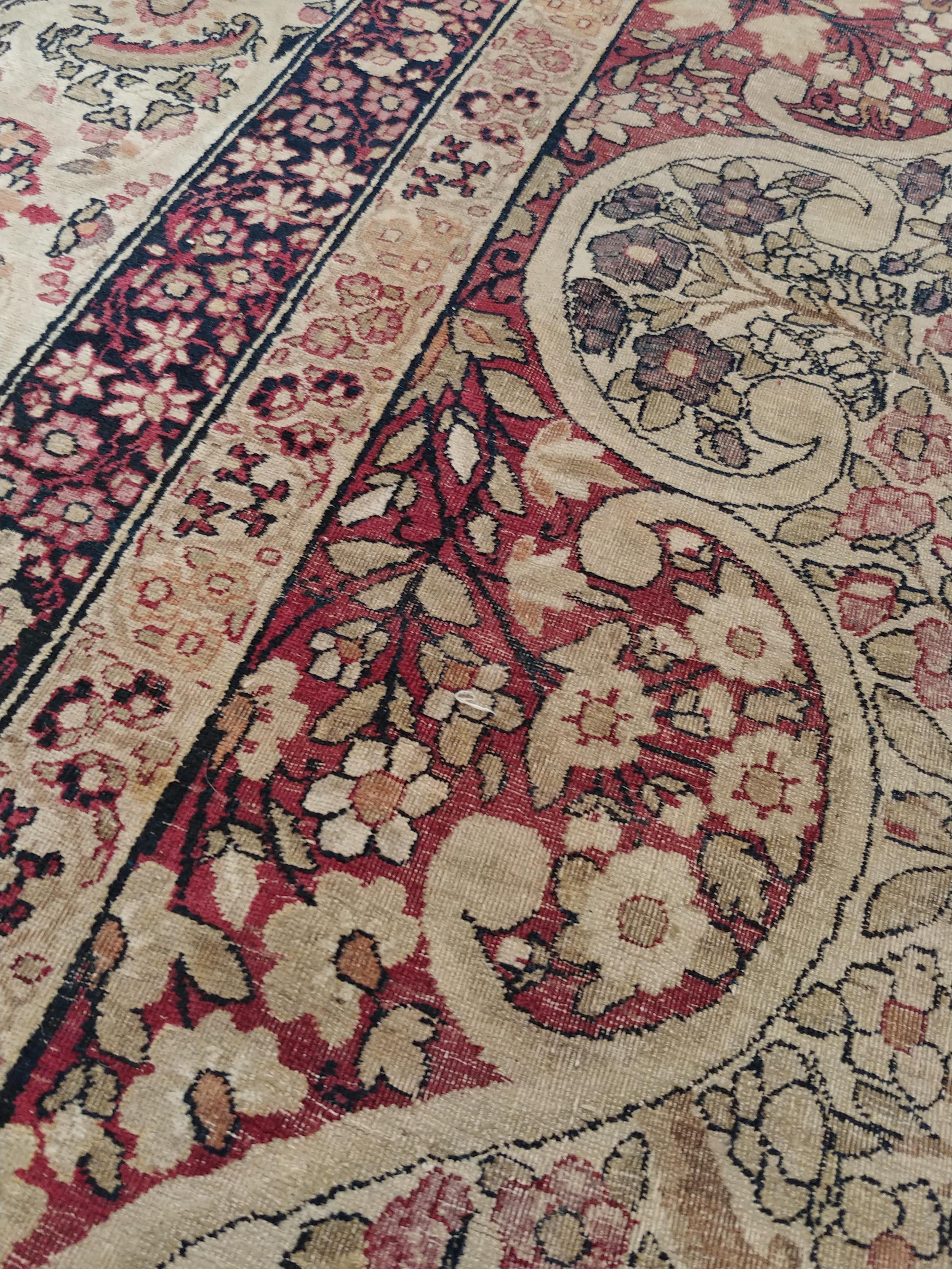 19th Century Antique Lavar Kerman Carpet, Fine Persian Oriental Rug Jewel Blue, Gold and Navy For Sale