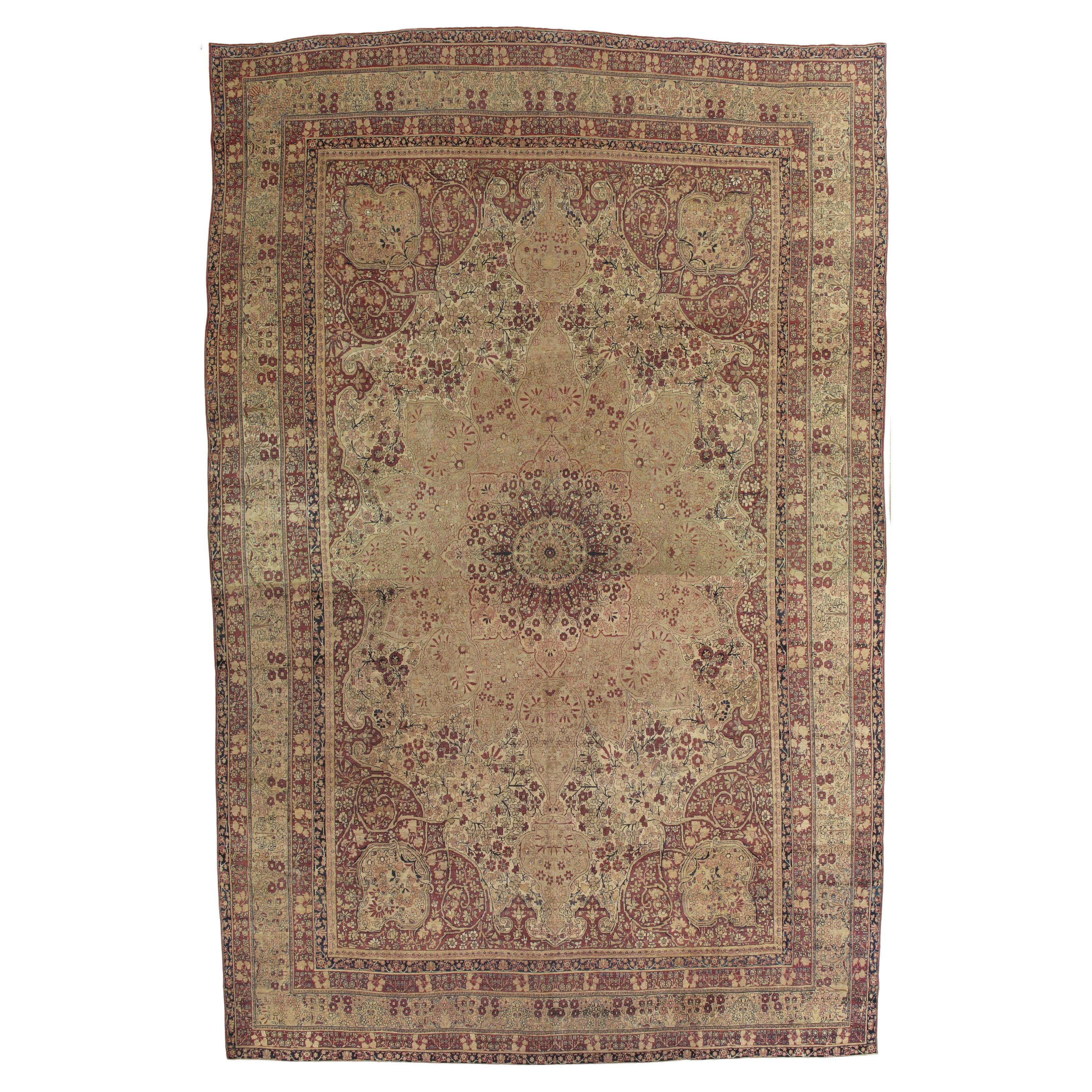 Antique Lavar Kerman Carpet, Fine Persian Oriental Rug Jewel Blue, Gold and Navy For Sale
