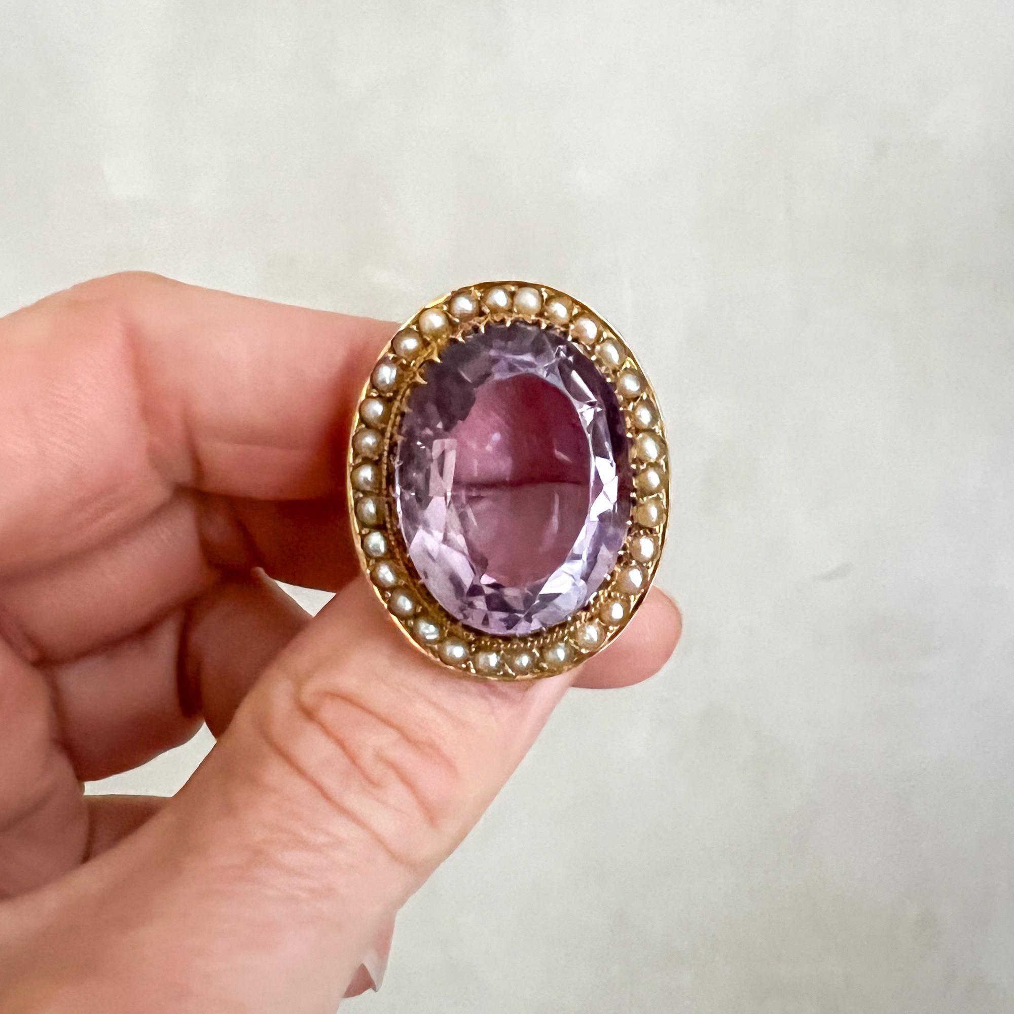 Brilliant Cut Antique Lavender Amethyst and Seed Pearl 14K Gold Brooch For Sale