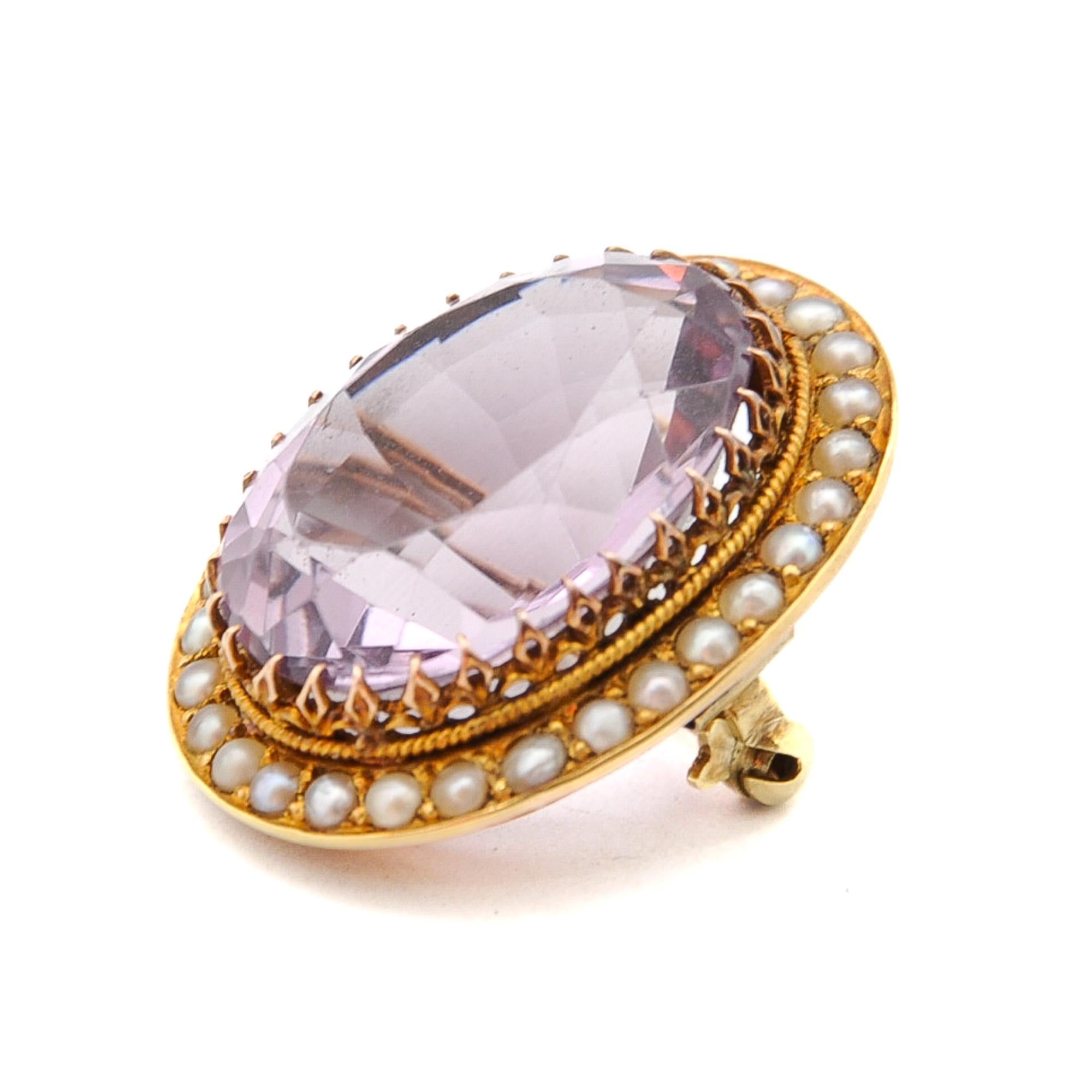 Women's or Men's Antique Lavender Amethyst and Seed Pearl 14K Gold Brooch For Sale