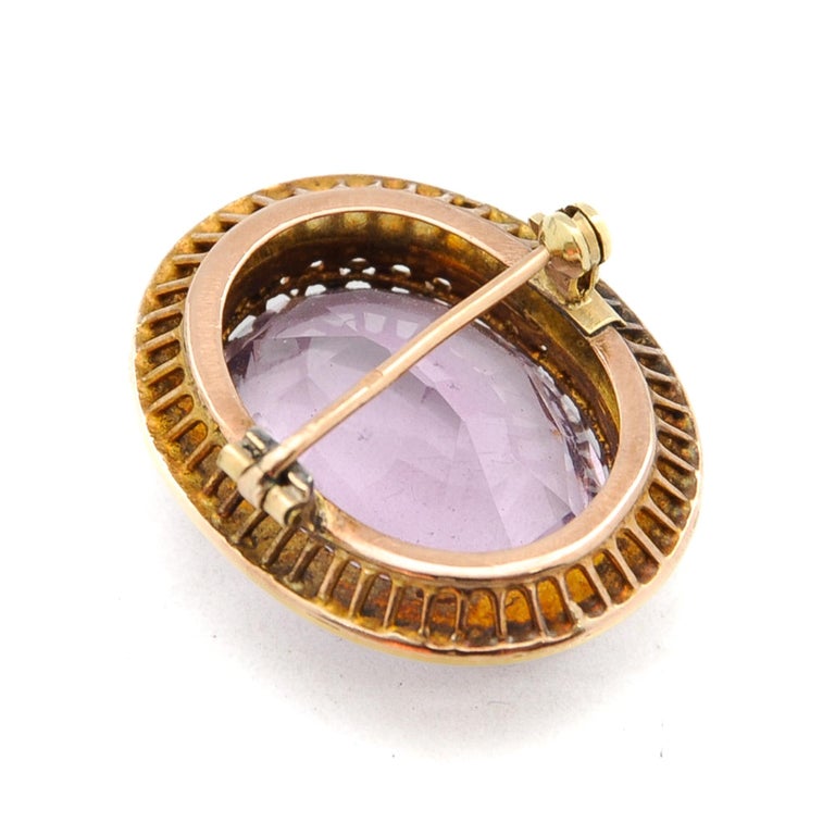 19th Century Lavender Amethyst and Seed Pearl 14K Gold Brooch For Sale 3