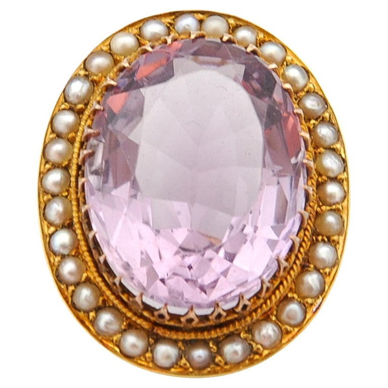 19th Century Lavender Amethyst and Seed Pearl 14K Gold Brooch For Sale