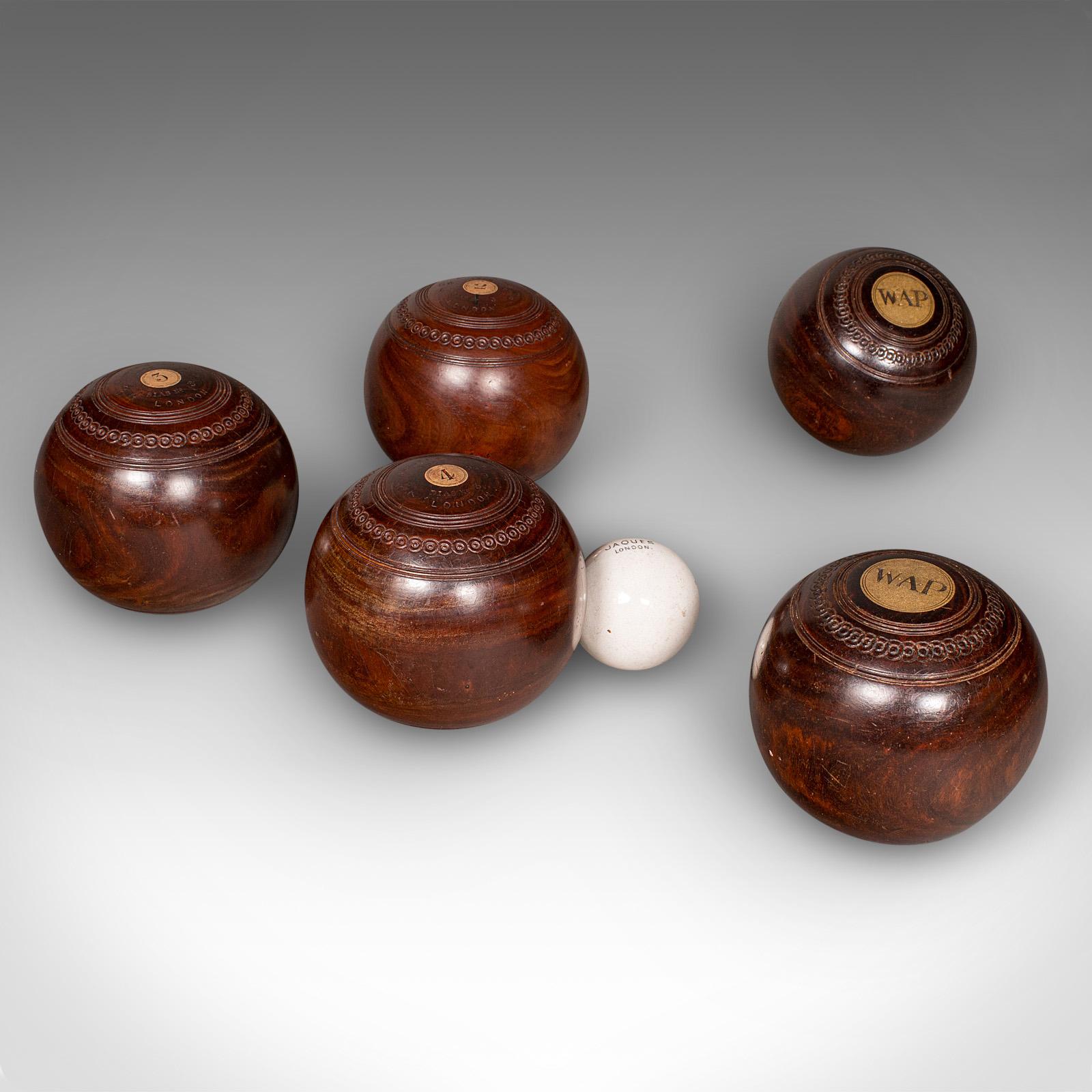 Édouardien Jeu de boules de gazon ancien, anglais, Woods, valets en céramique, jeu de jardin, édouardien en vente