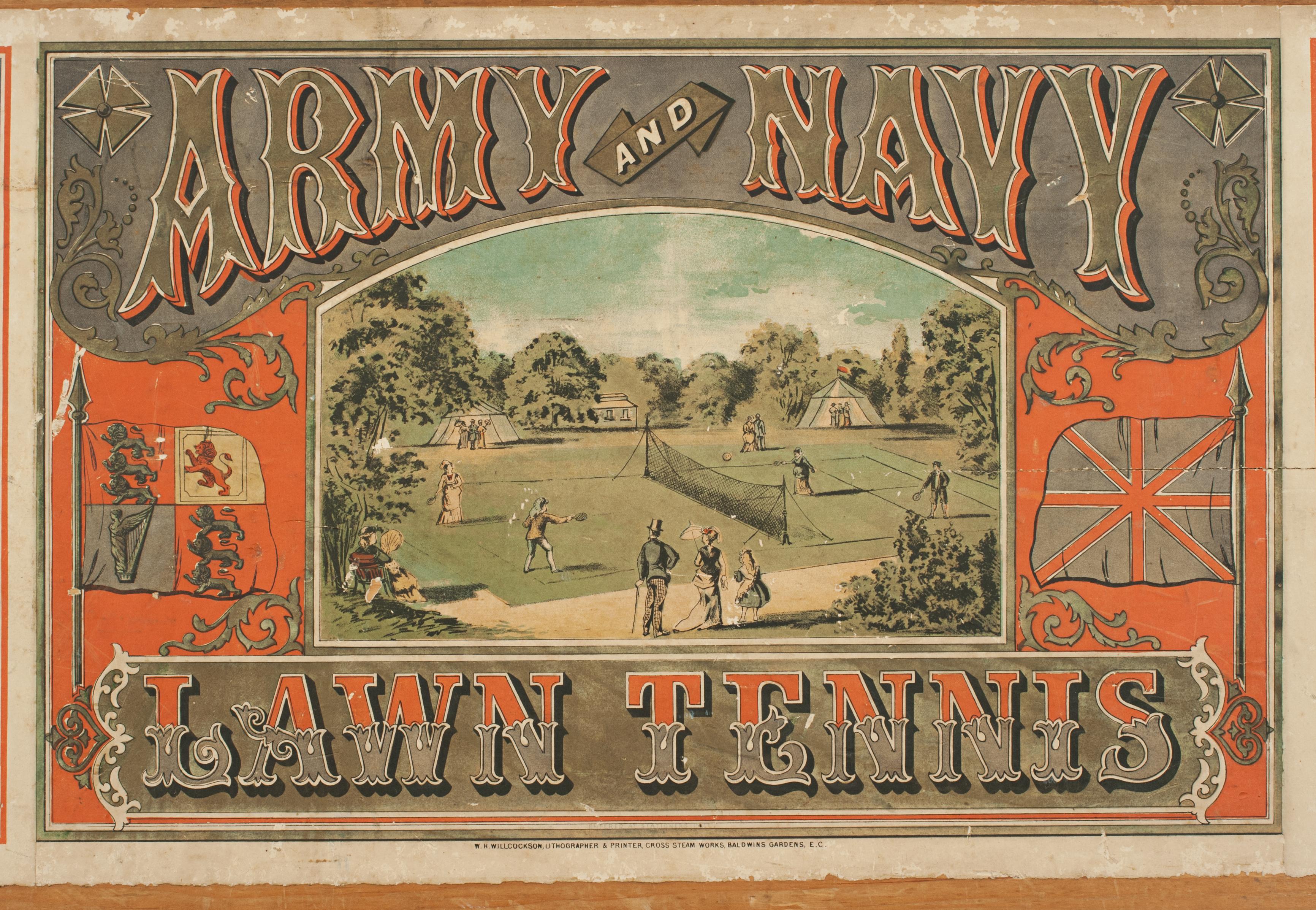 Antique Lawn Tennis Box with Poster, Army and Navy, 1870, s 4