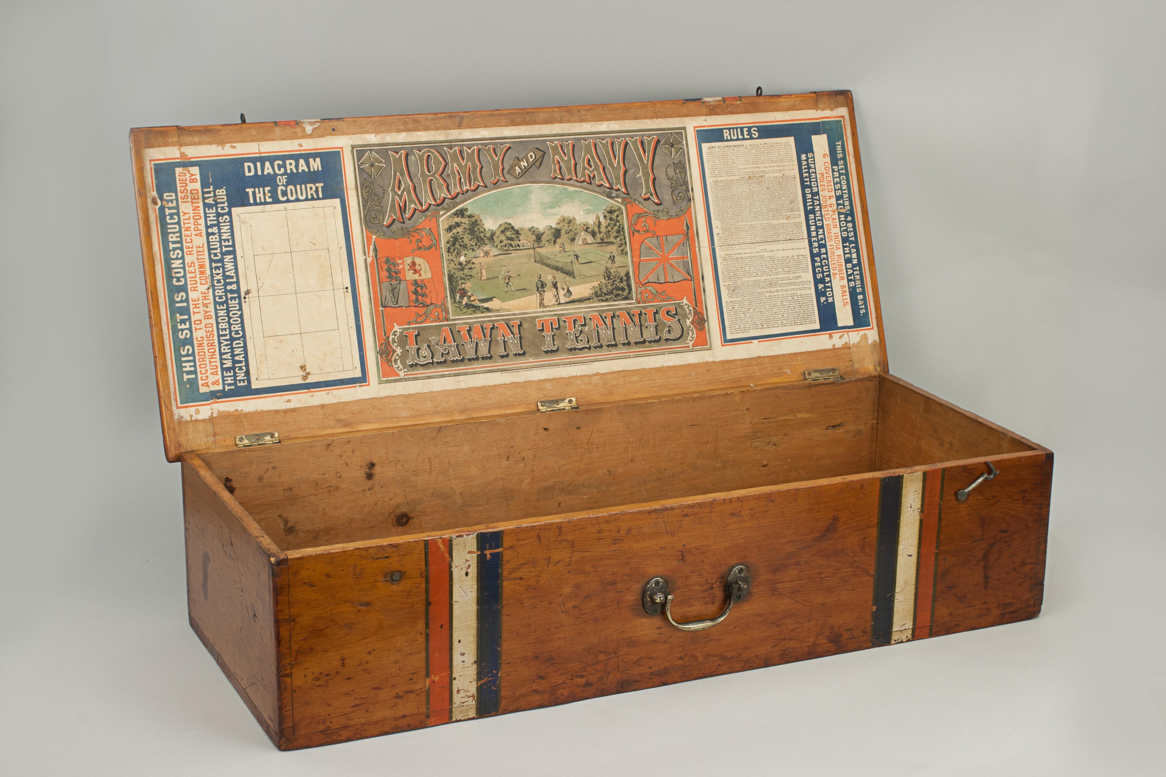 Antique Lawn Tennis Box with Poster, Army and Navy, 1870, s 6