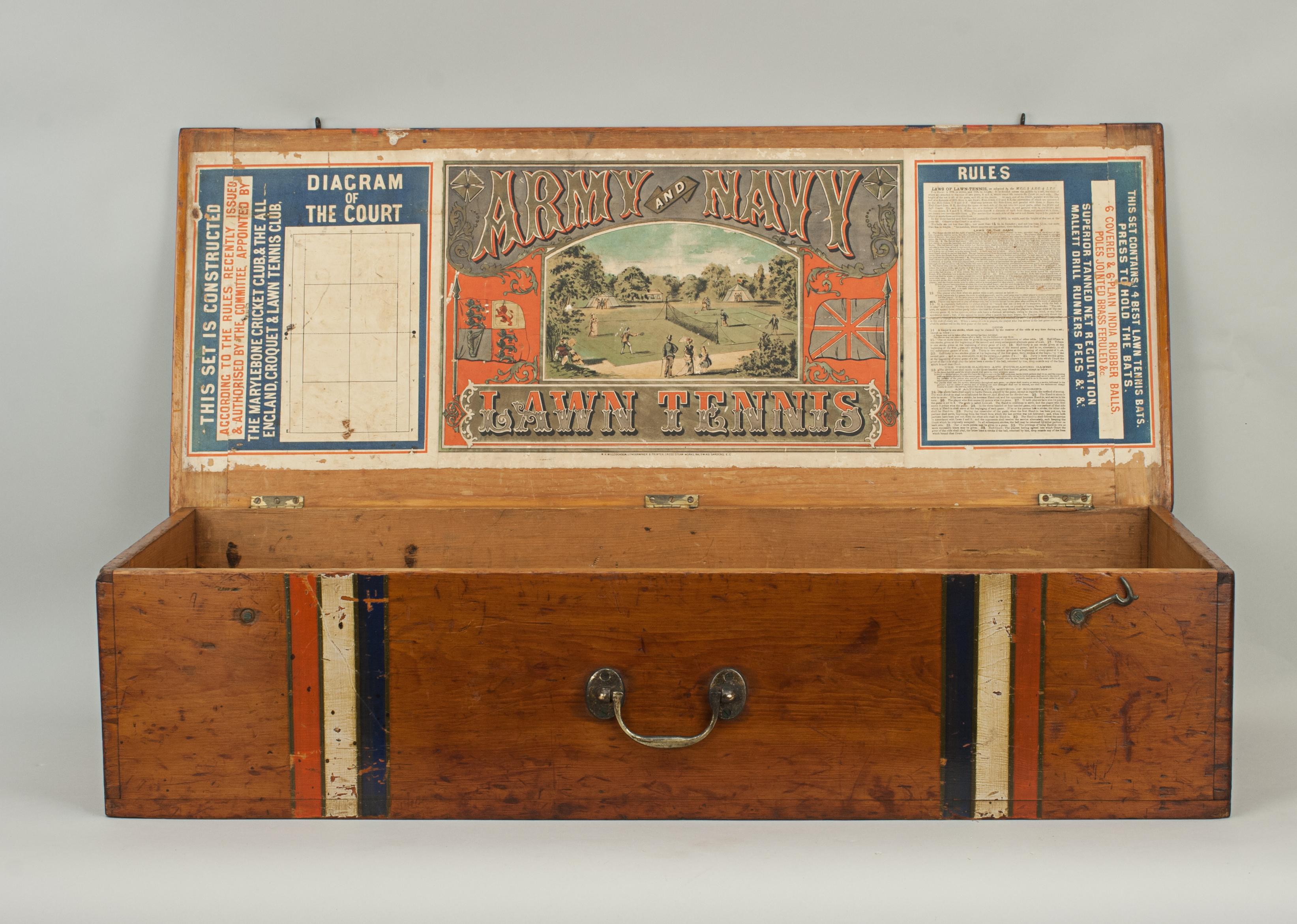 Sporting Art Antique Lawn Tennis Box with Poster, Army and Navy, 1870, s