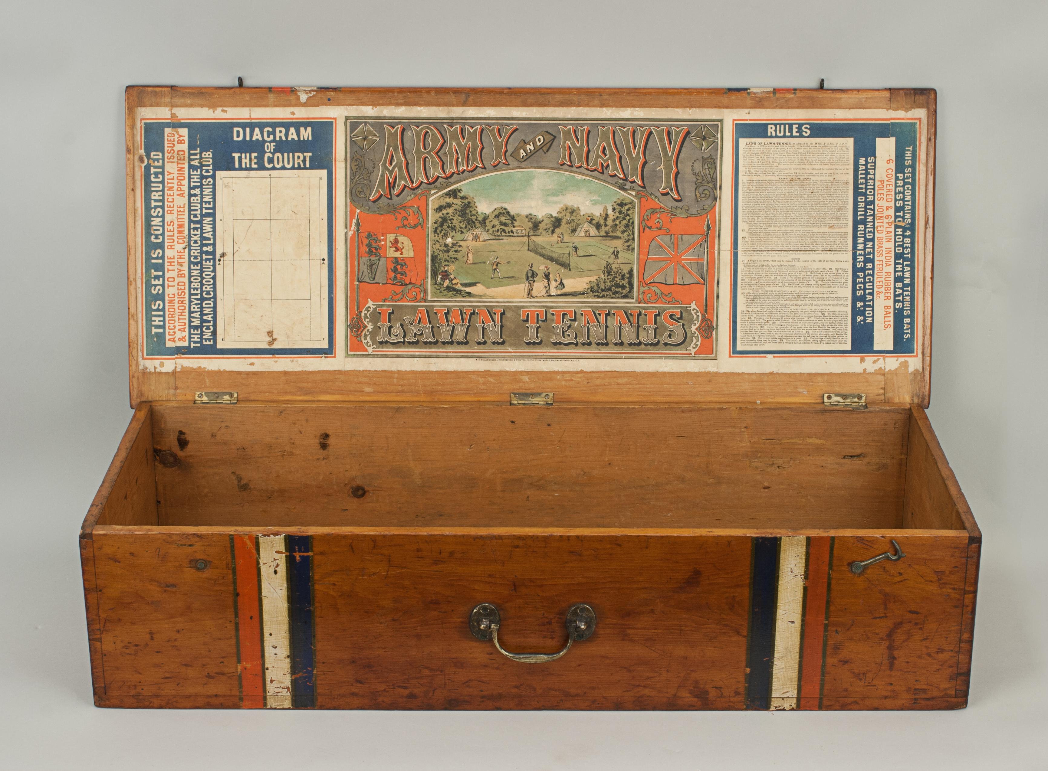 British Antique Lawn Tennis Box with Poster, Army and Navy, 1870, s