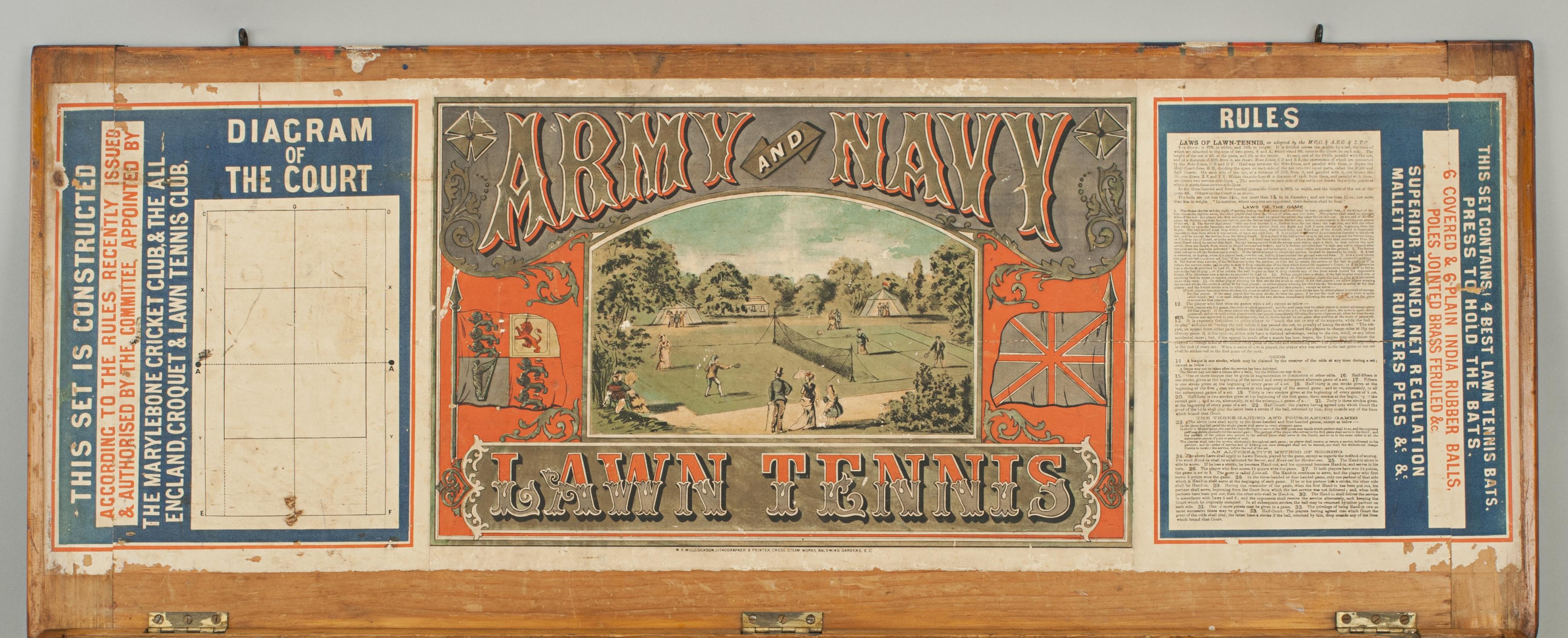 Late 18th Century Antique Lawn Tennis Box with Poster, Army and Navy, 1870, s