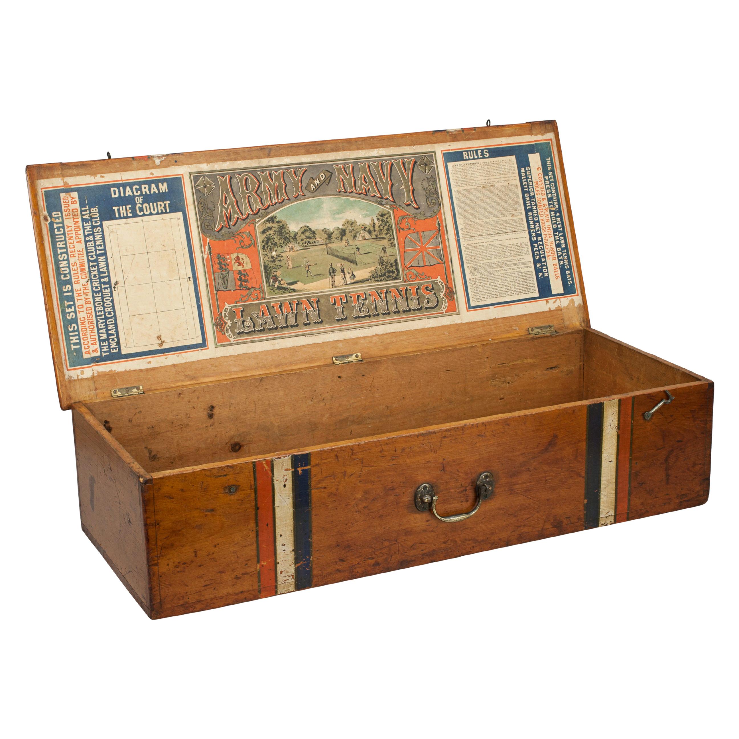 Antique Lawn Tennis Box with Poster, Army and Navy, 1870, s