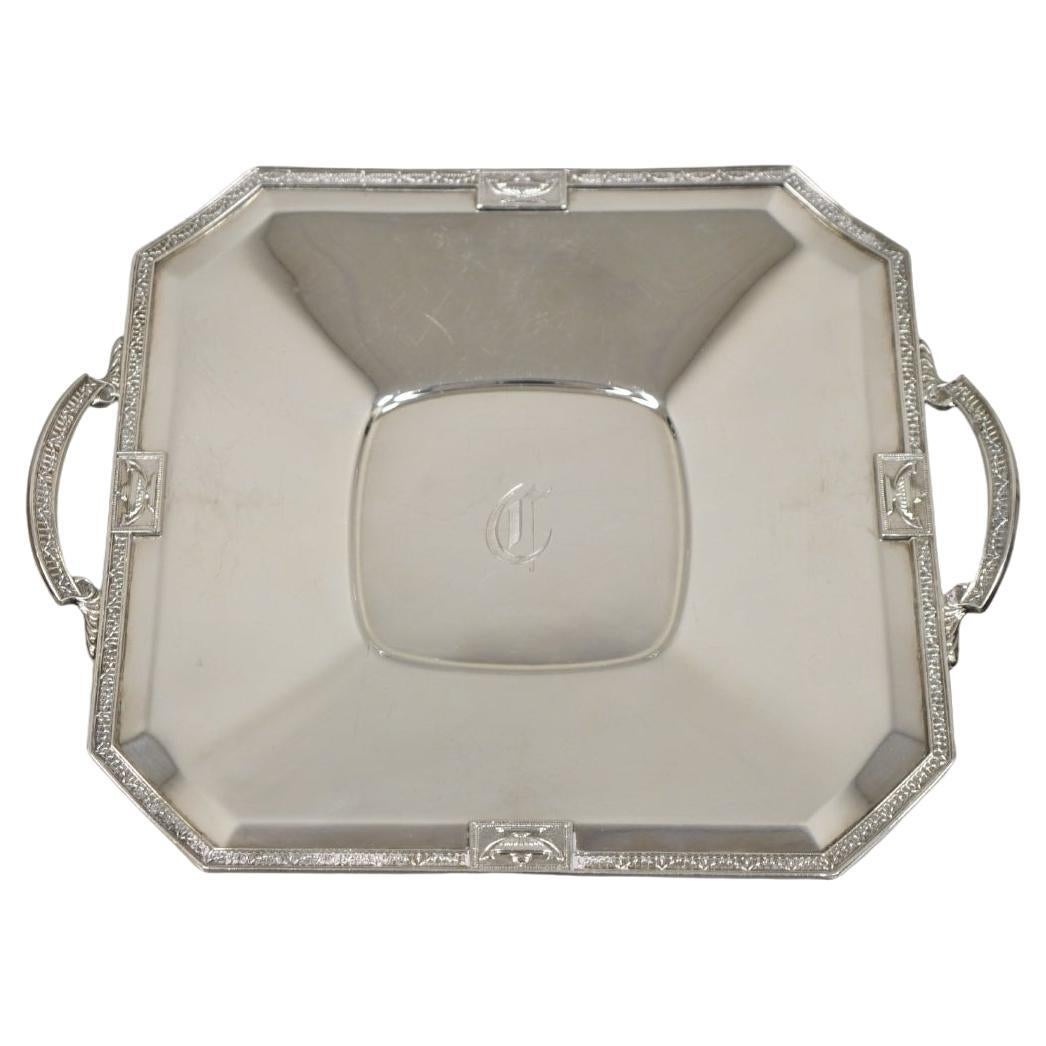 Antique LBS Co English Edwardian Silver Plated Square Platter Tray "C" Monogram For Sale