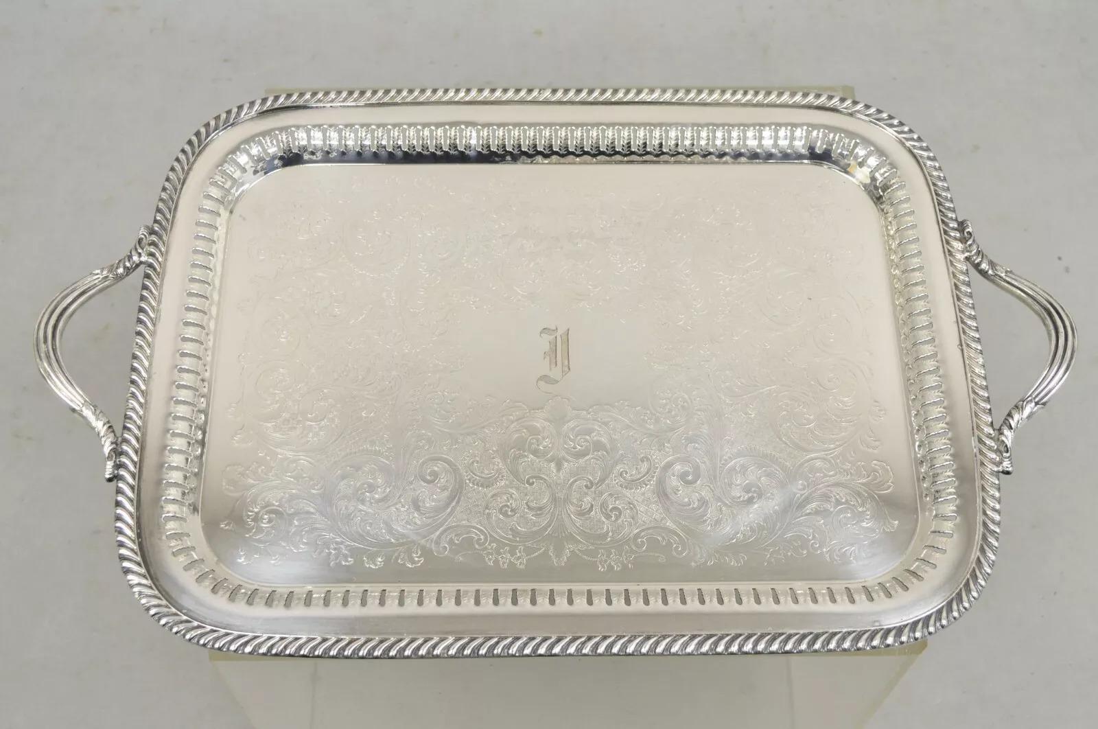 Antique LBS Co Victorian Silver Plated Gallery Pierced Serving Platter Tray. Item features 