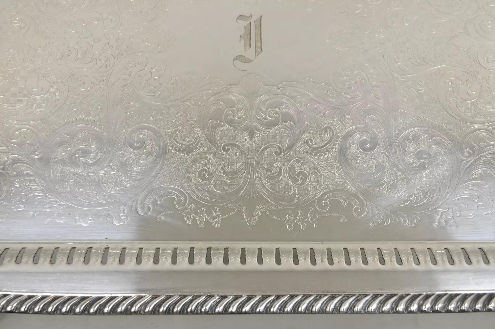 20th Century Antique LBS Co Victorian Silver Plated Gallery Pierced Serving Platter Tray For Sale