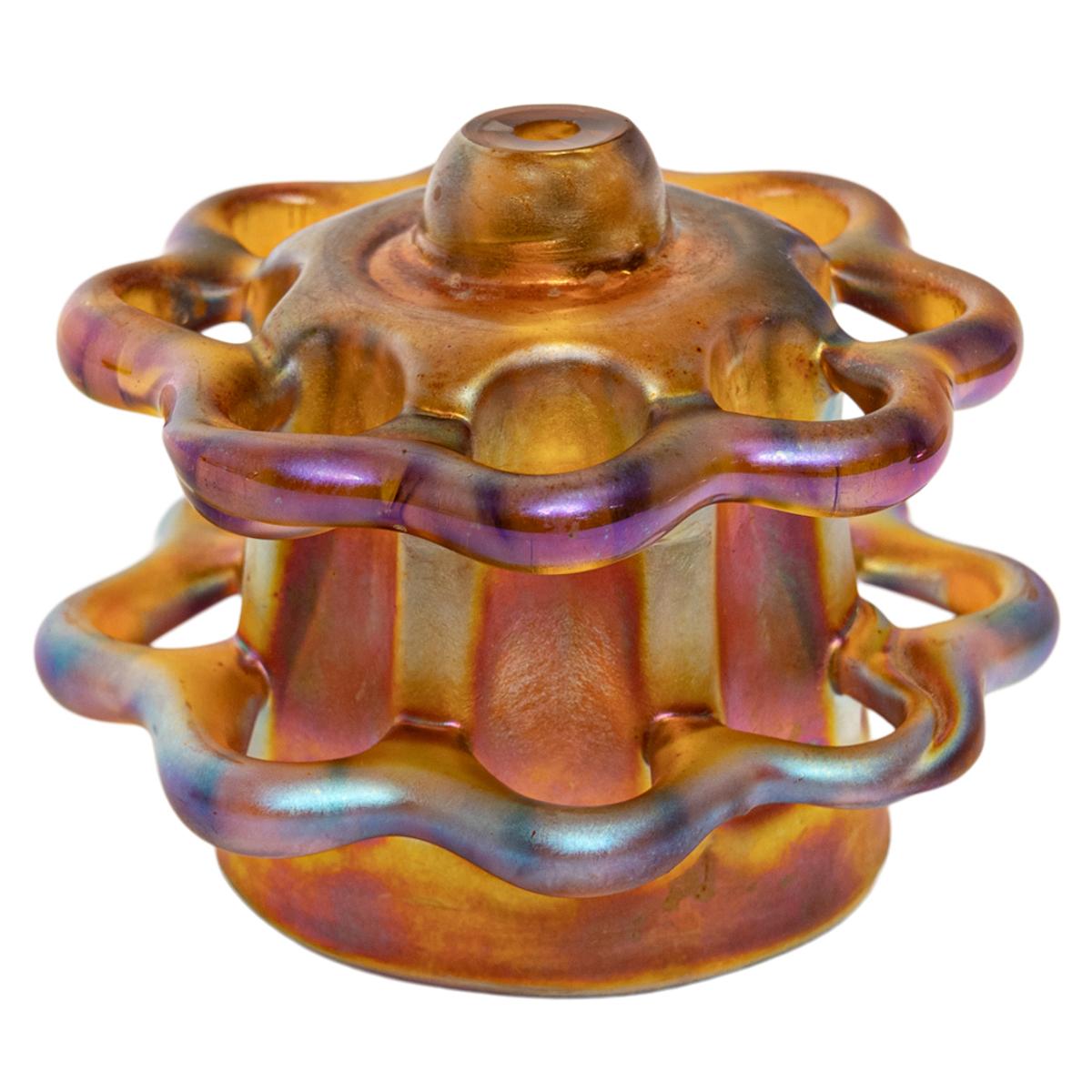 Antique L.C. Tiffany Furnaces Favrile Glass Gold Flower Frog Center Bowl 1920 For Sale 4