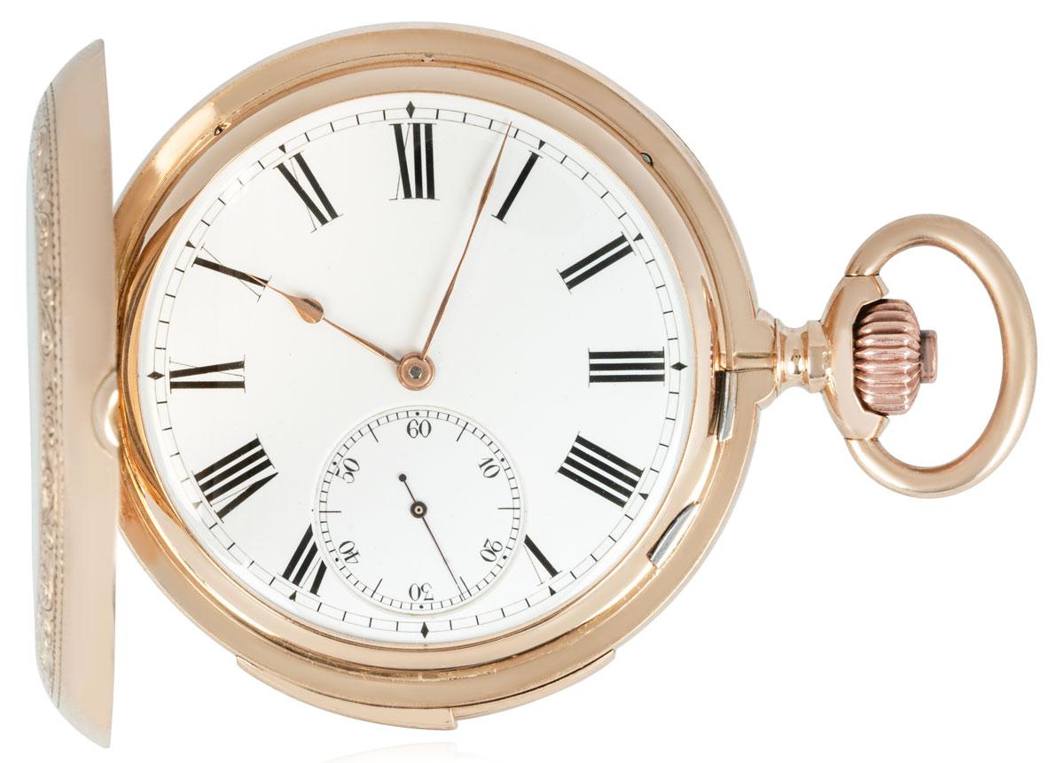 Le Coultre & Co. A 14ct Rose Gold Full Hunter Keyless Lever Minute Repeater Pocket Watch. C1890.

Dial: The beautiful white enamel dial with large Roman numerals and with outer minute track. The subsidiary seconds dial located at six o'clock, with