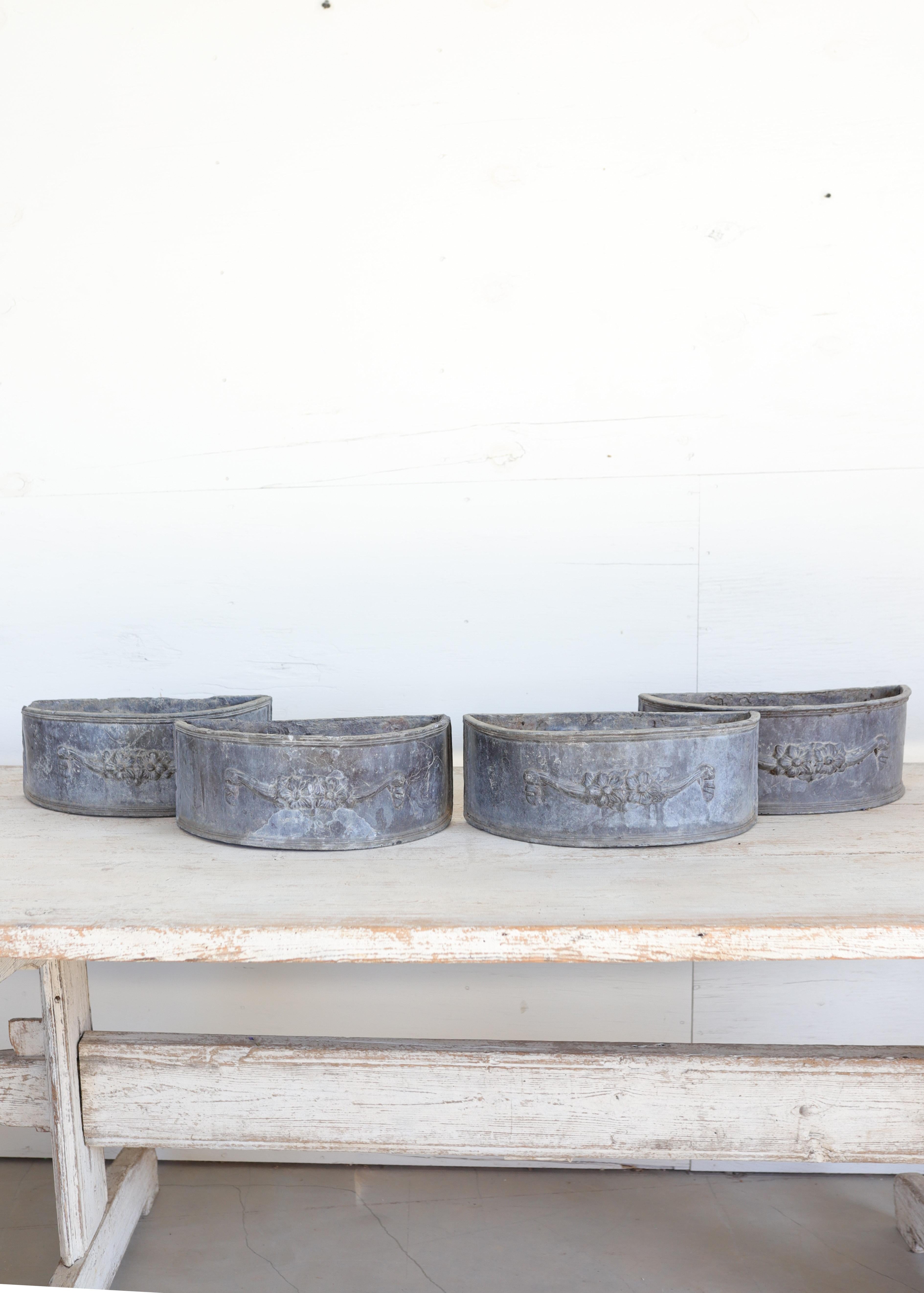 French Antique Lead Demilune Planters with Swag Decoration For Sale