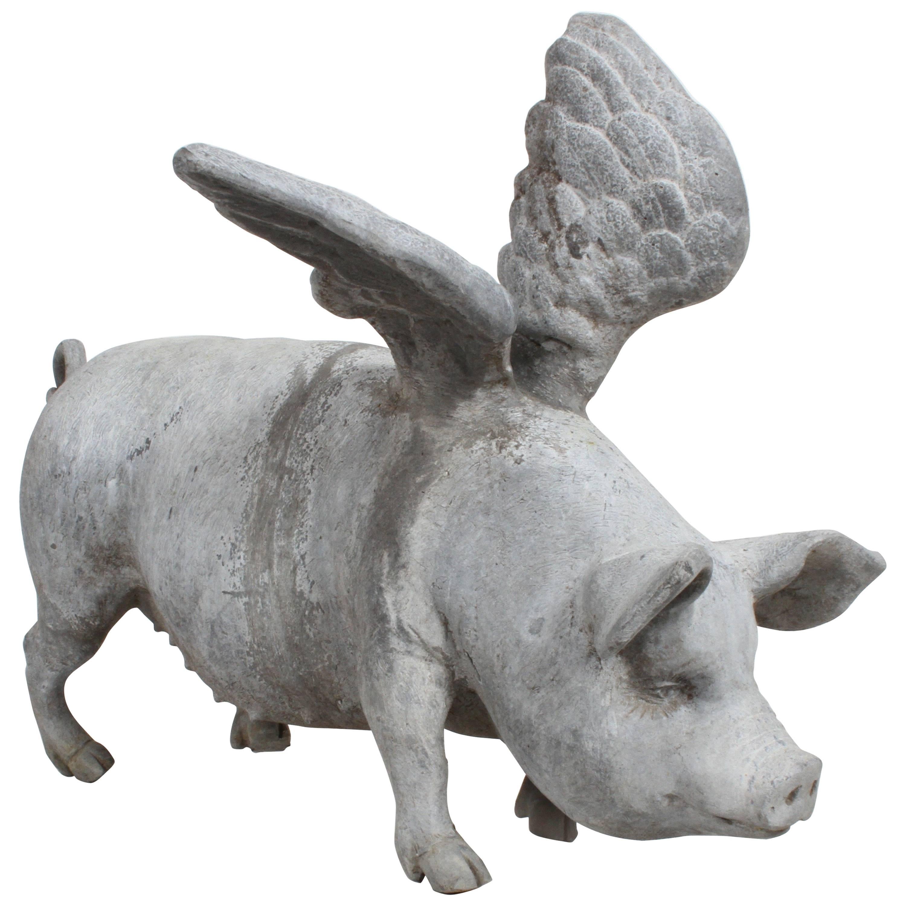 Antique Lead English Flying Pig Garden Ornament