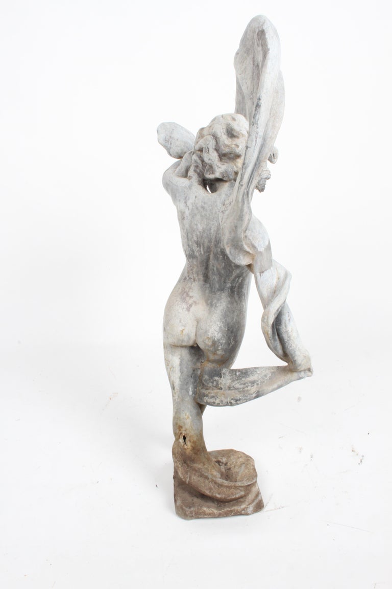 Antique Lead Garden Sculpture of a Dancing Putti or Cherub with Ribbon For Sale 5