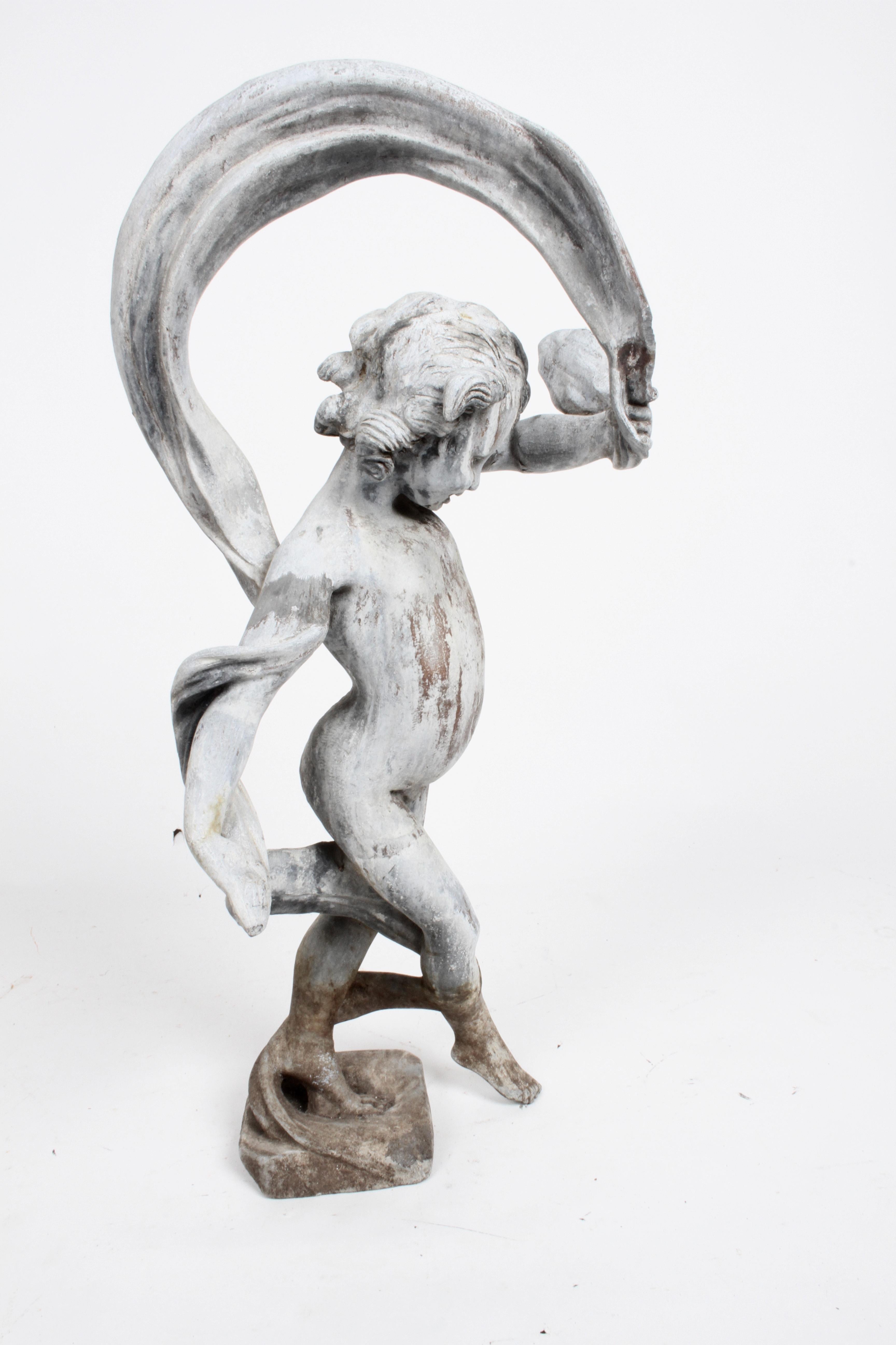 Antique Lead Garden Sculpture of a Dancing Putti or Cherub with Ribbon In Good Condition In St. Louis, MO