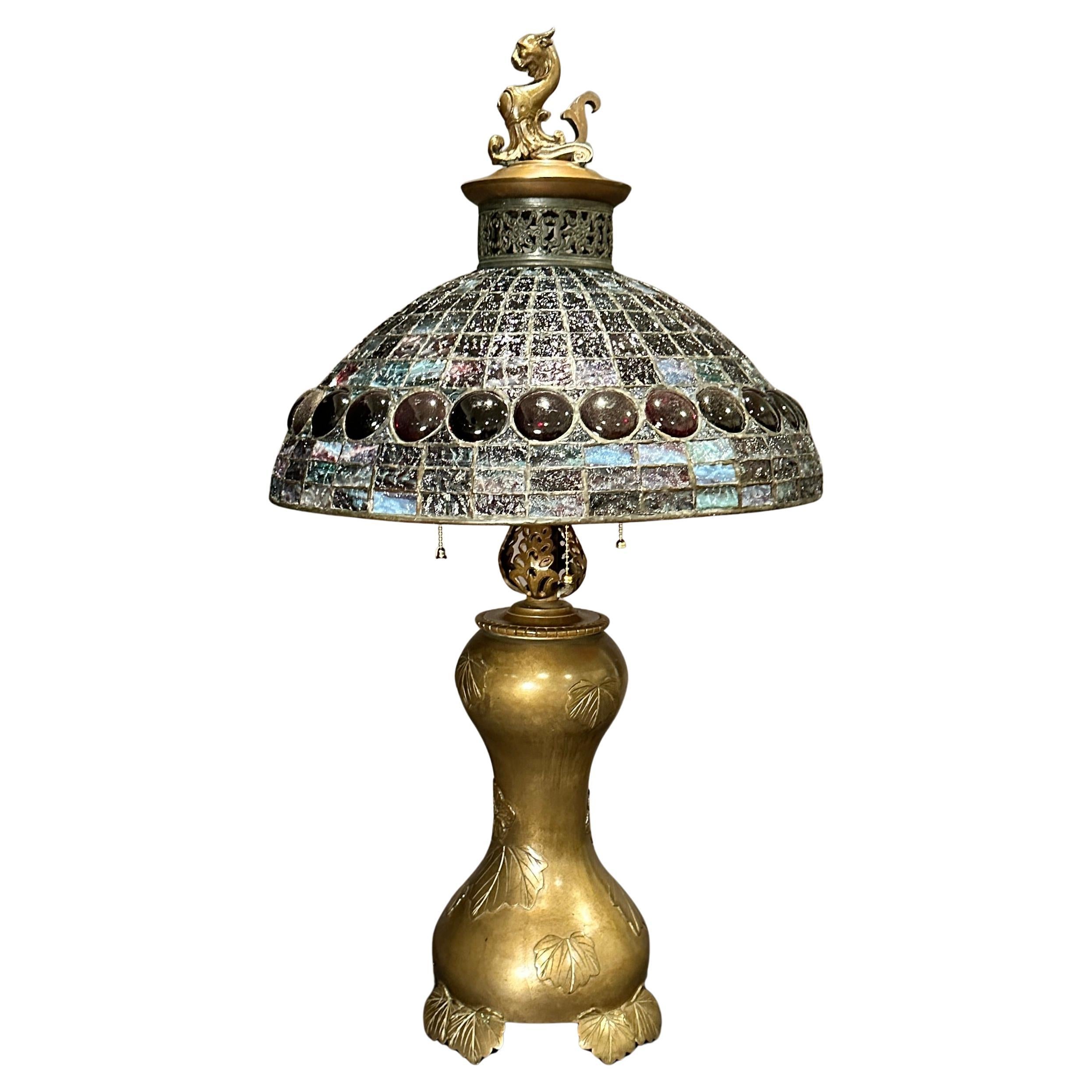 Antique Leaded Glass And Bronze Lamp