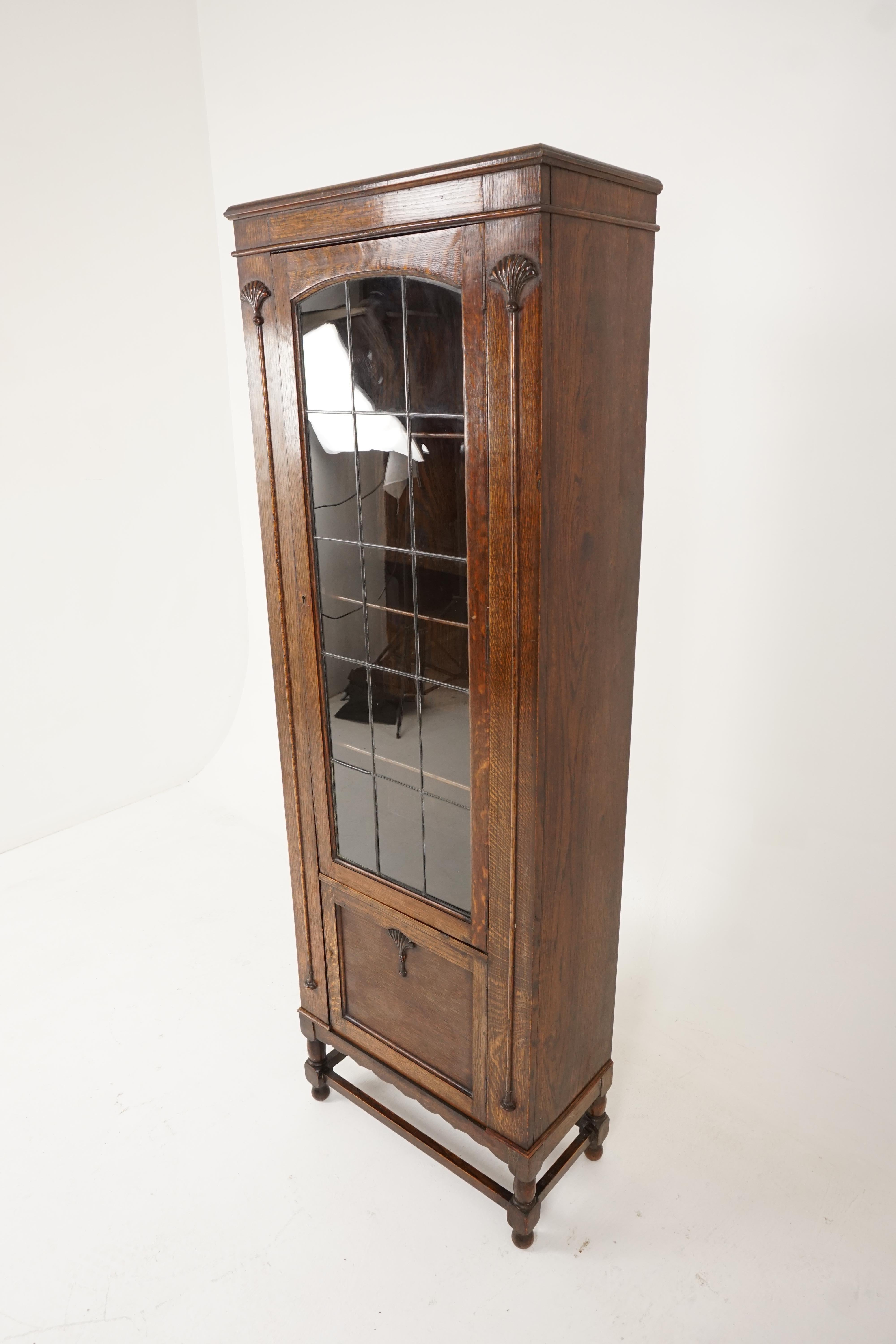 Scottish Antique Leaded Glass Bookcase, Tiger Oak Display Cabinet, Scotland 1920, B2175
