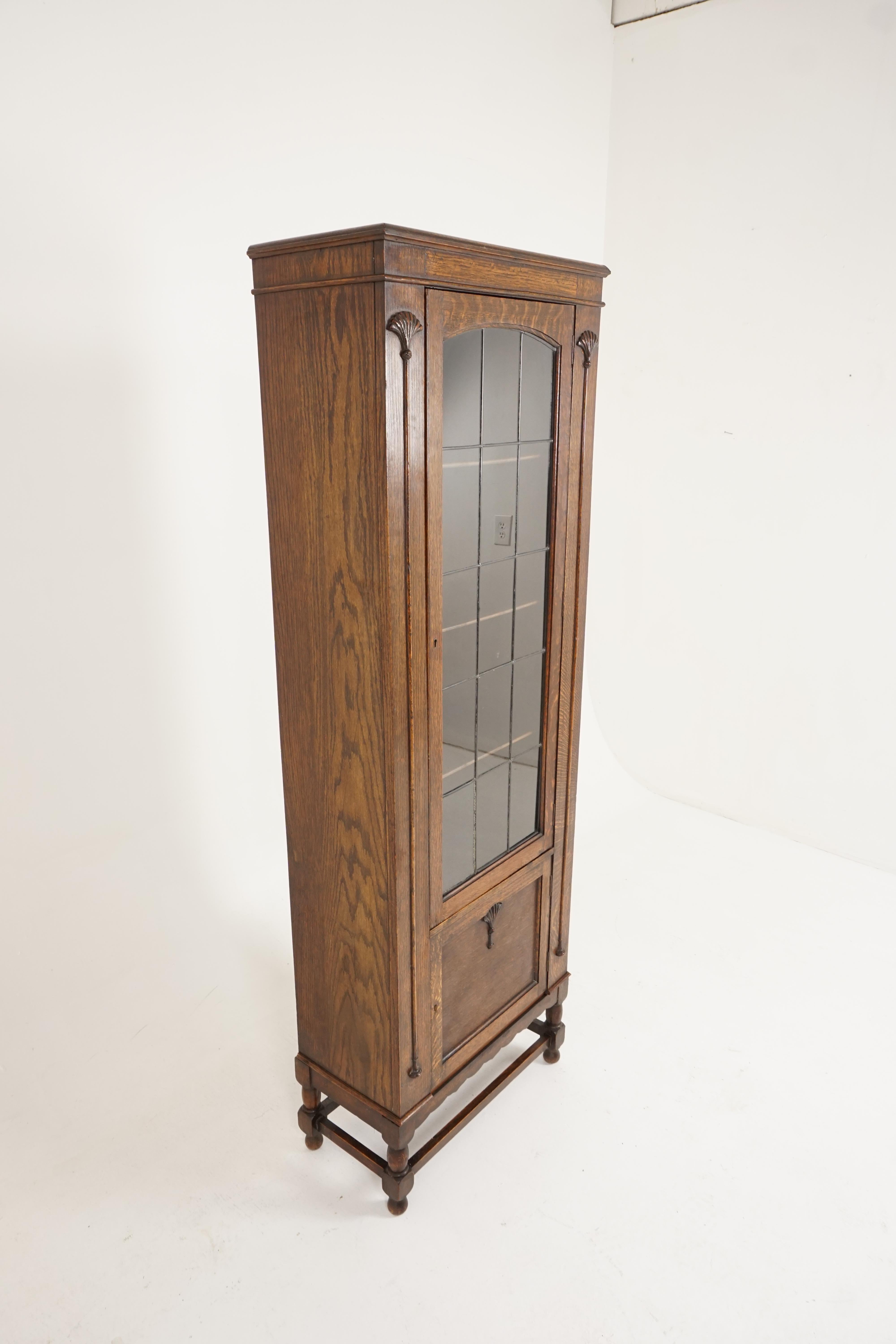 Hand-Crafted Antique Leaded Glass Bookcase, Tiger Oak Display Cabinet, Scotland 1920, B2175