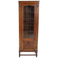 Antique Leaded Glass Bookcase, Tiger Oak Display Cabinet, Scotland 1920, B2175