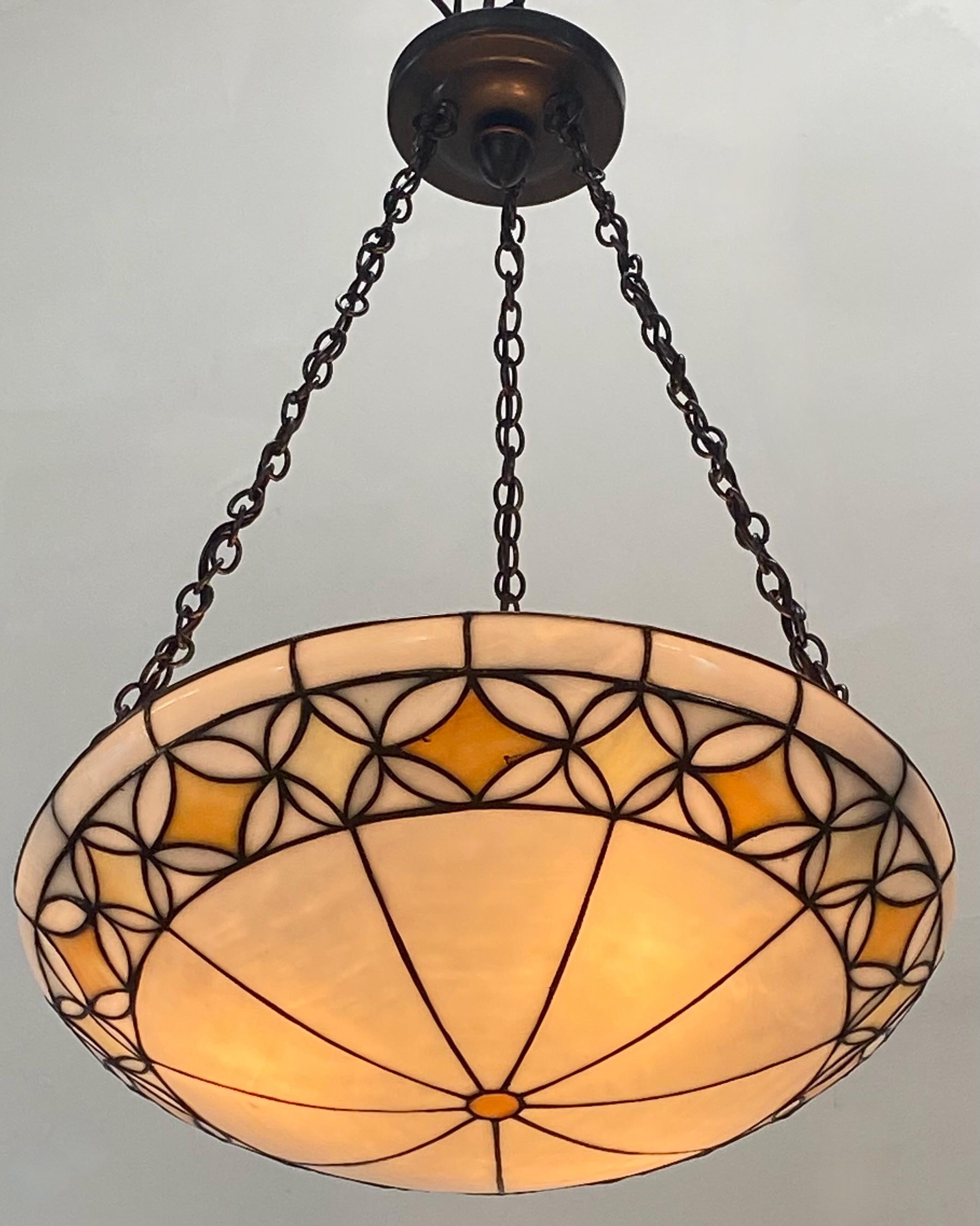 Arts and Crafts Antique Leaded Glass Pendant Light Fixture, American Early 20th Century