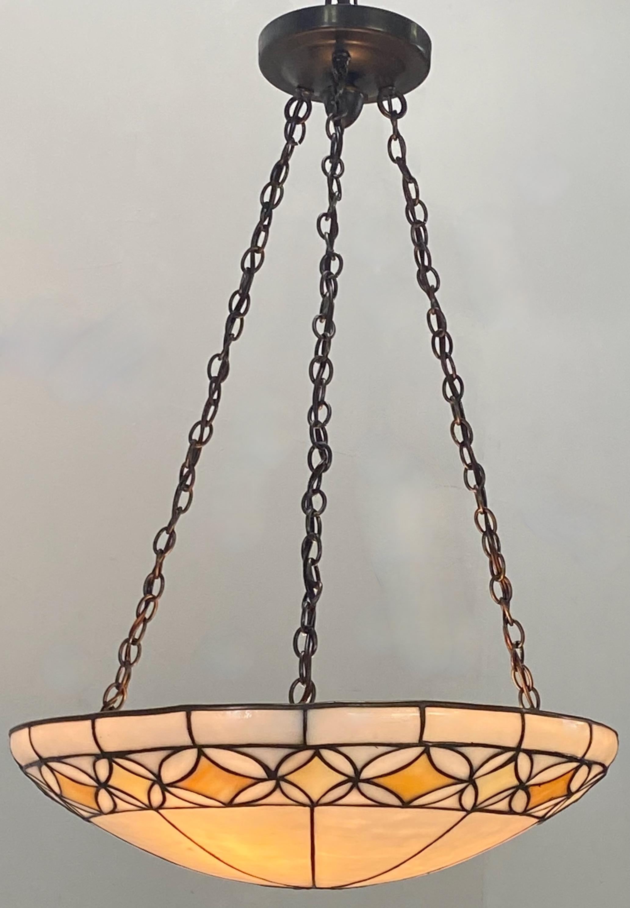 Antique Leaded Glass Pendant Light Fixture, American Early 20th Century In Good Condition In San Francisco, CA