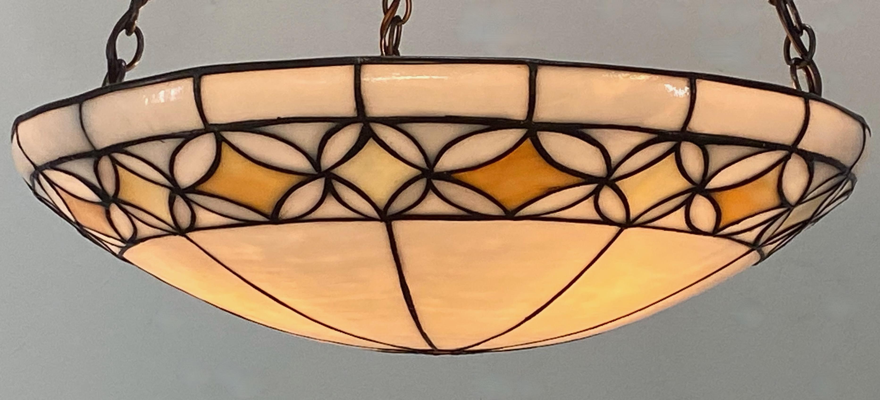 Antique Leaded Glass Pendant Light Fixture, American Early 20th Century 2