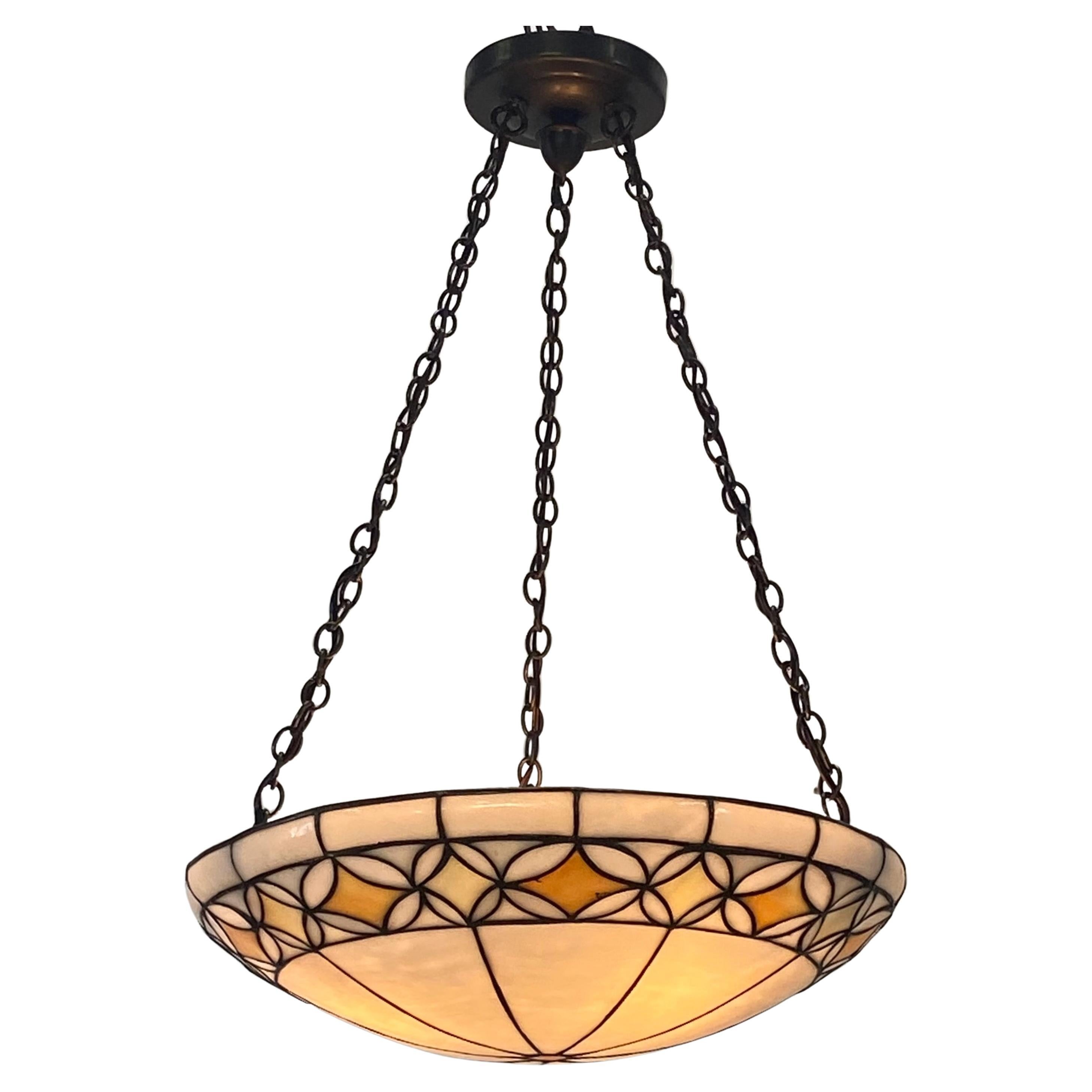 Antique Leaded Glass Pendant Light Fixture, American Early 20th Century