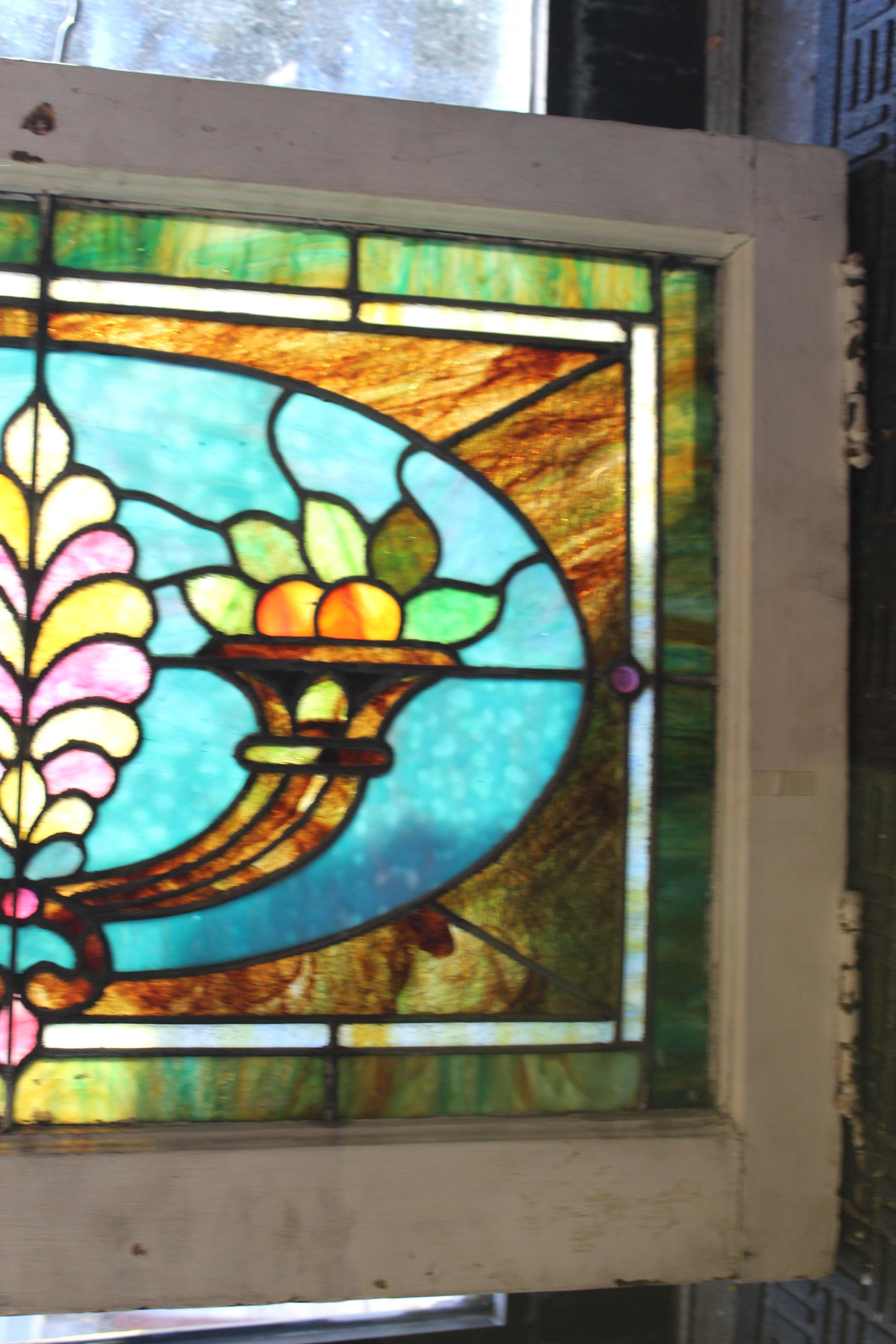 20th Century Antique Leaded Glass Window w/ Cornucopia 32