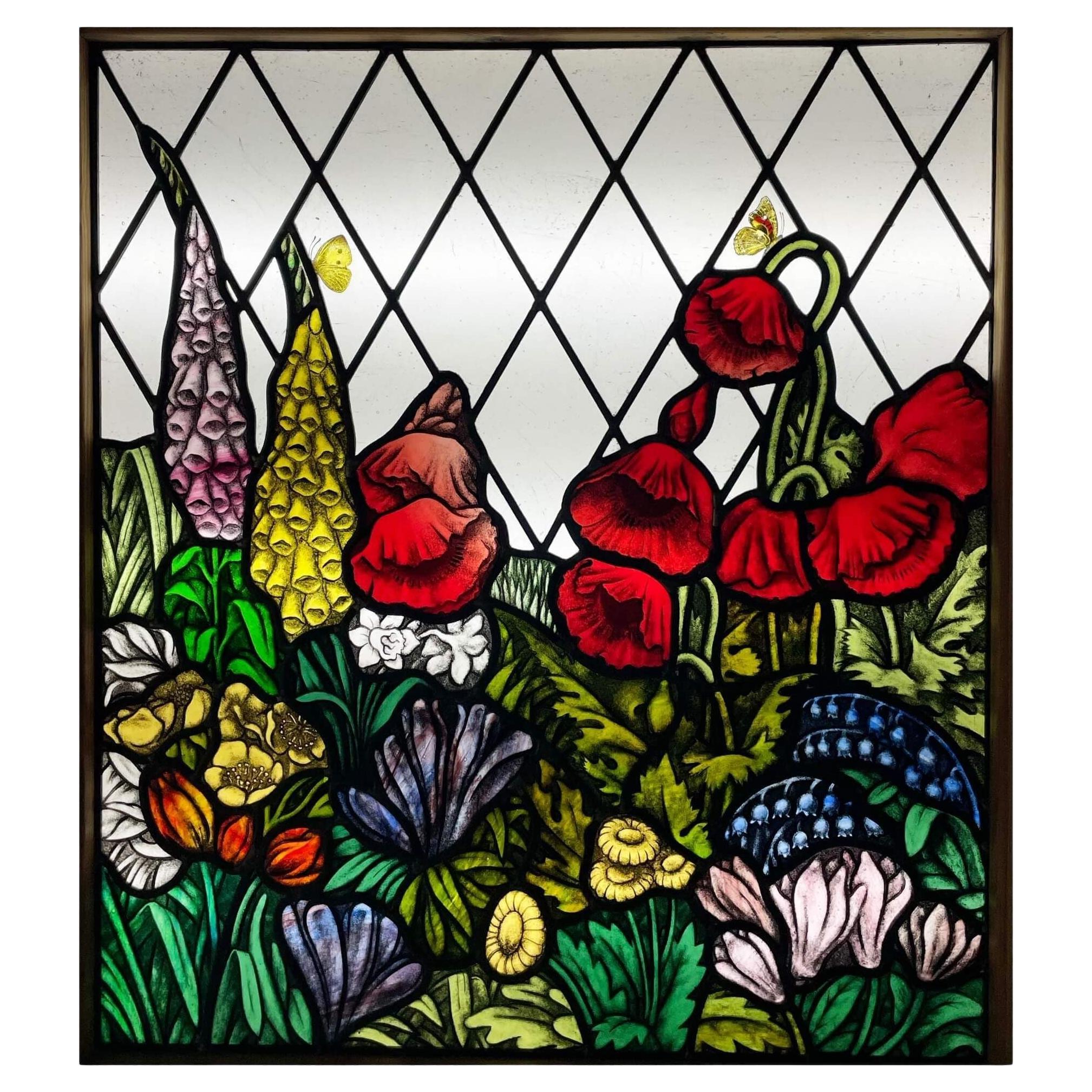 Antique Leaded Glass Window with English Flowers For Sale