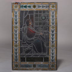 Antique Leaded and Hand Decorated Stained Glass Window, St Cecilia & Piano