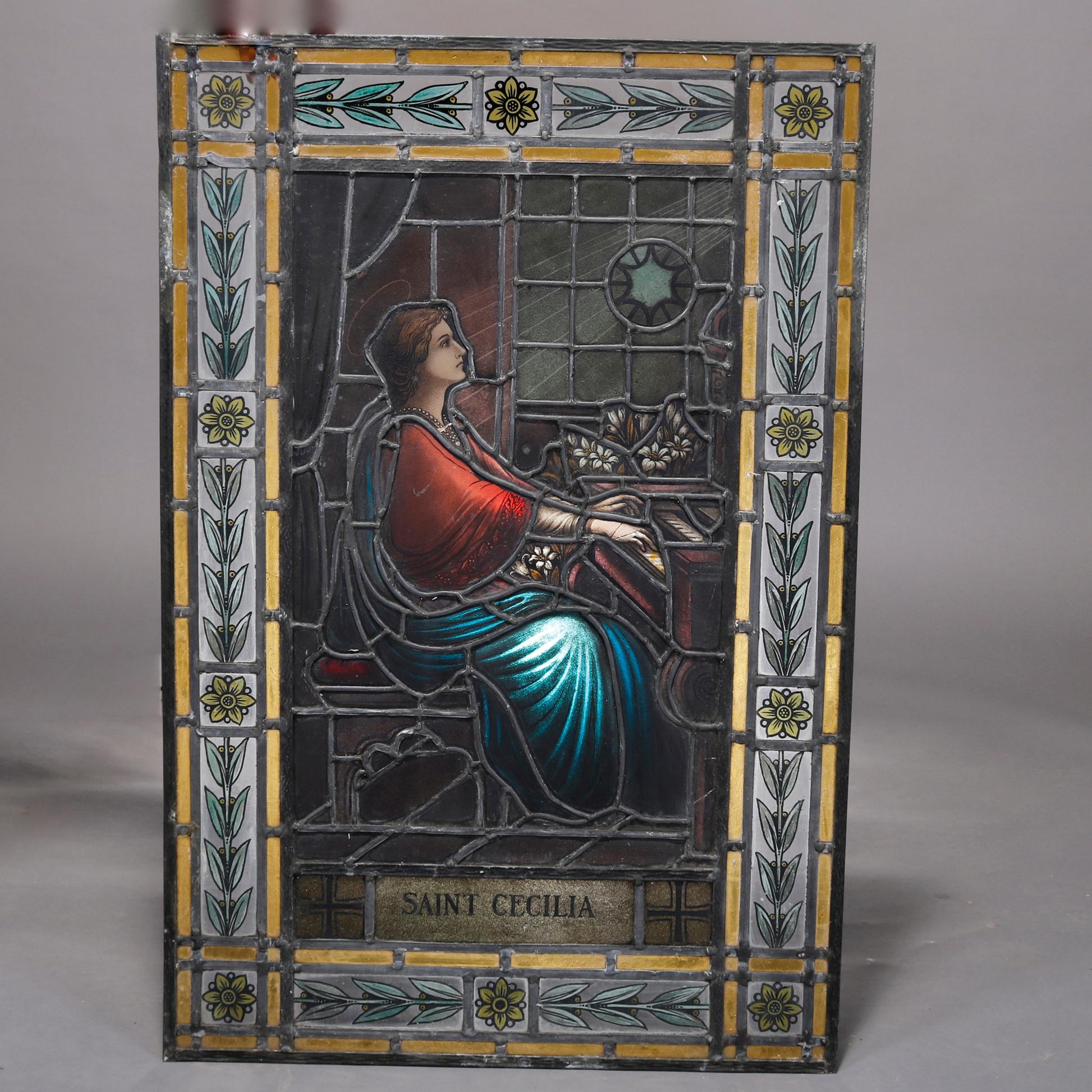 Hand-Painted Antique Leaded and Hand Decorated Stained Glass Window, St Cecilia & Piano